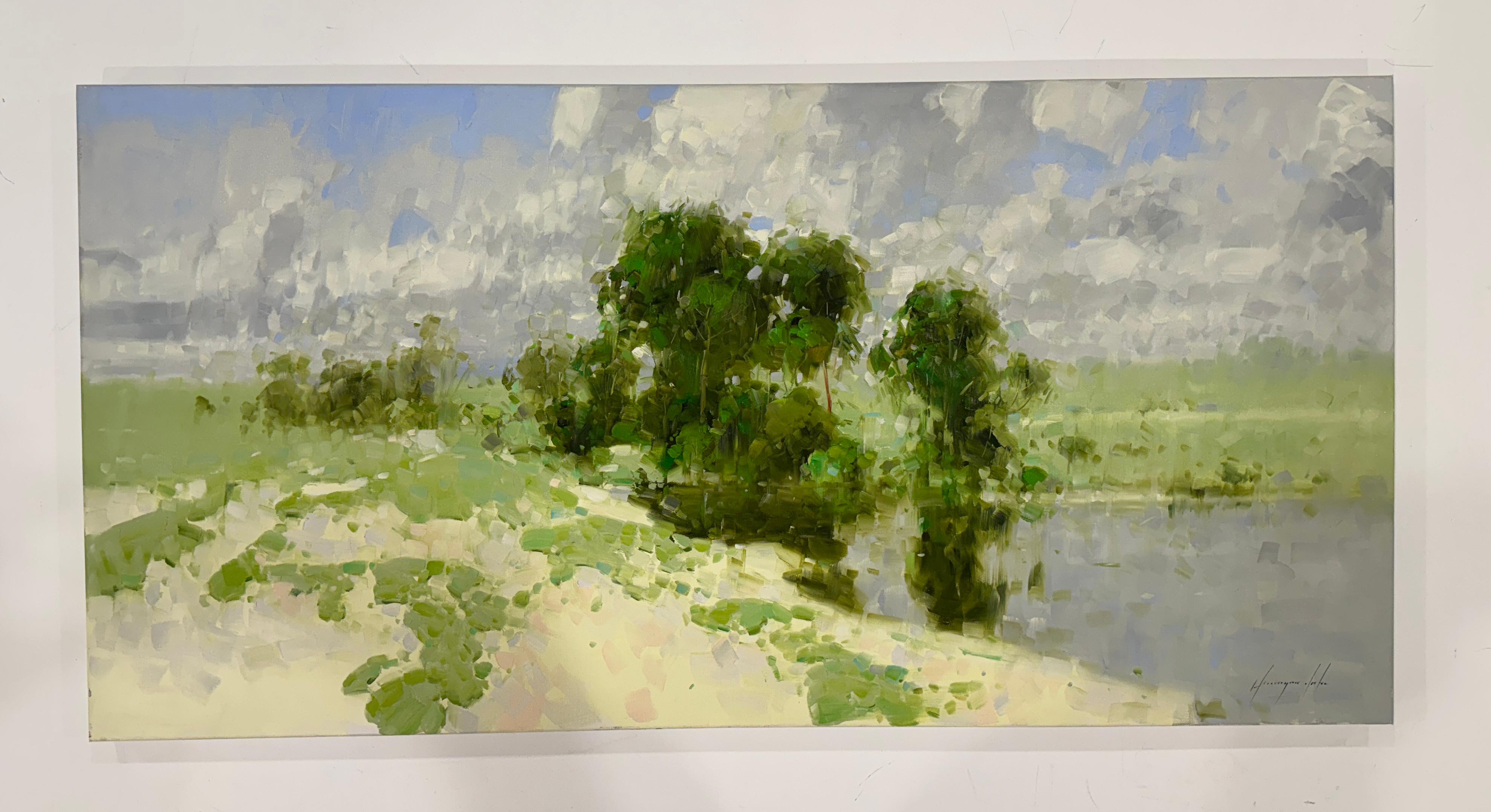 Meadow, Landschaft, Sommertag, Original-Ölgemälde, hängefertig (Braun), Landscape Painting, von Vahe Yeremyan