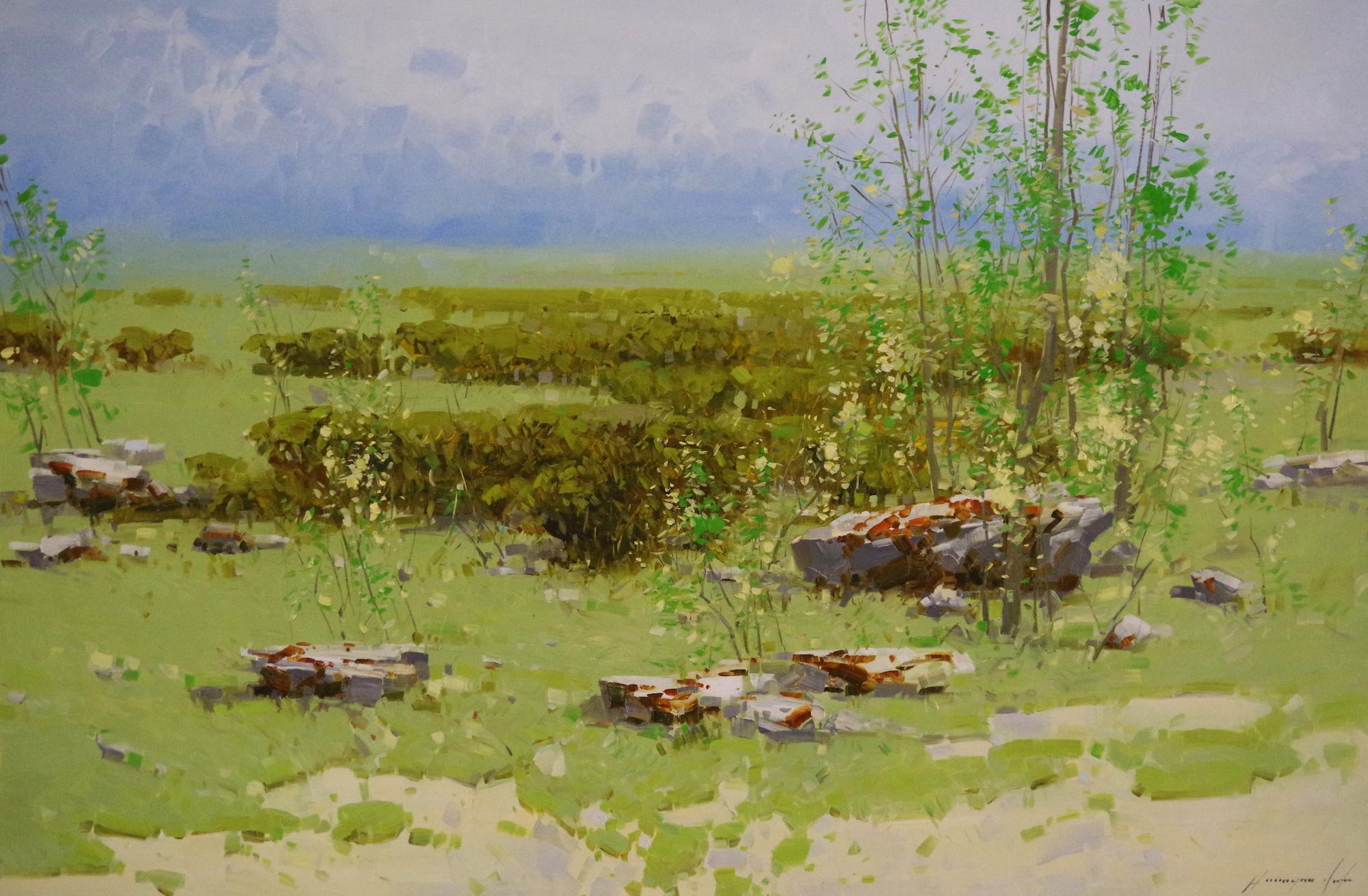 Landscape Painting di Vahe Yeremyan - Prato di smeraldo, pittura ad olio originale di paesaggio, pronta da appendere