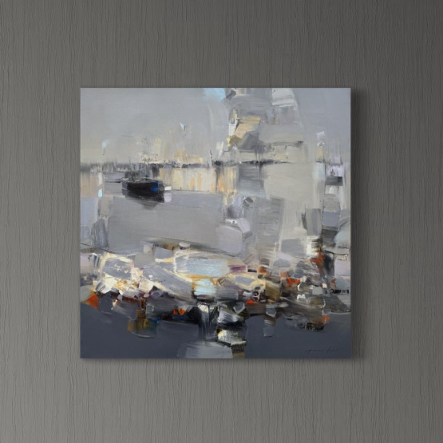 Misty Waters Meereslandschaft Abstrakte Kunst Original Ölgemälde, hängefertig (Grau), Abstract Painting, von Vahe Yeremyan