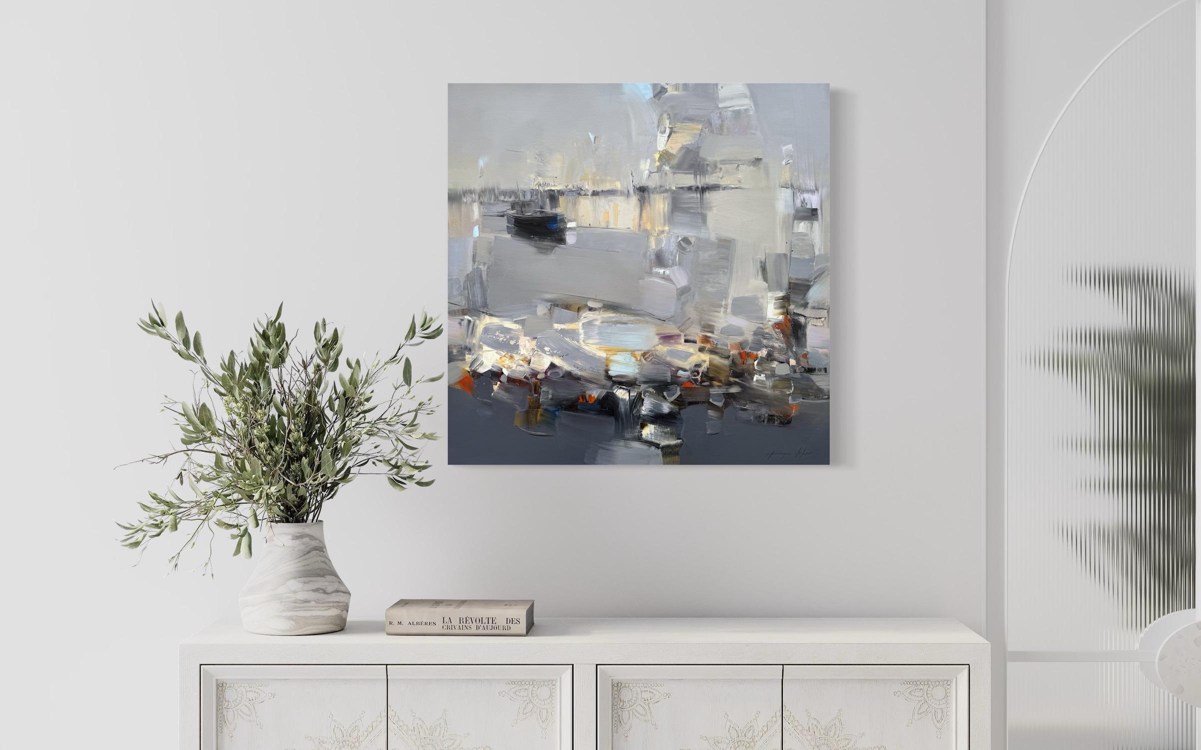 Misty Waters Meereslandschaft Abstrakte Kunst Original Ölgemälde, hängefertig im Angebot 1