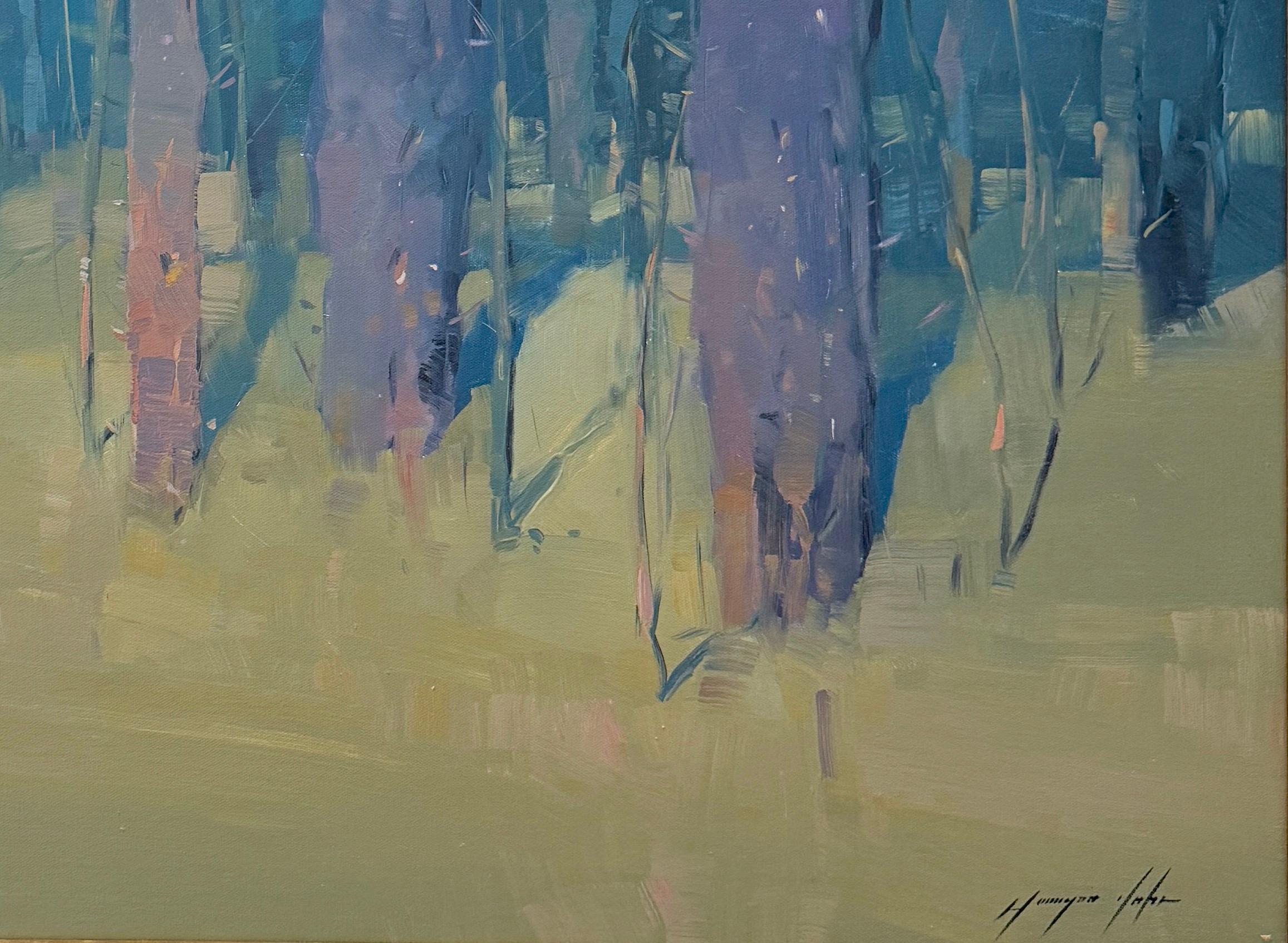 Alberi della luna, Paesaggio Impressionismo Pittura ad olio originale, pronta da appendere - Painting di Vahe Yeremyan