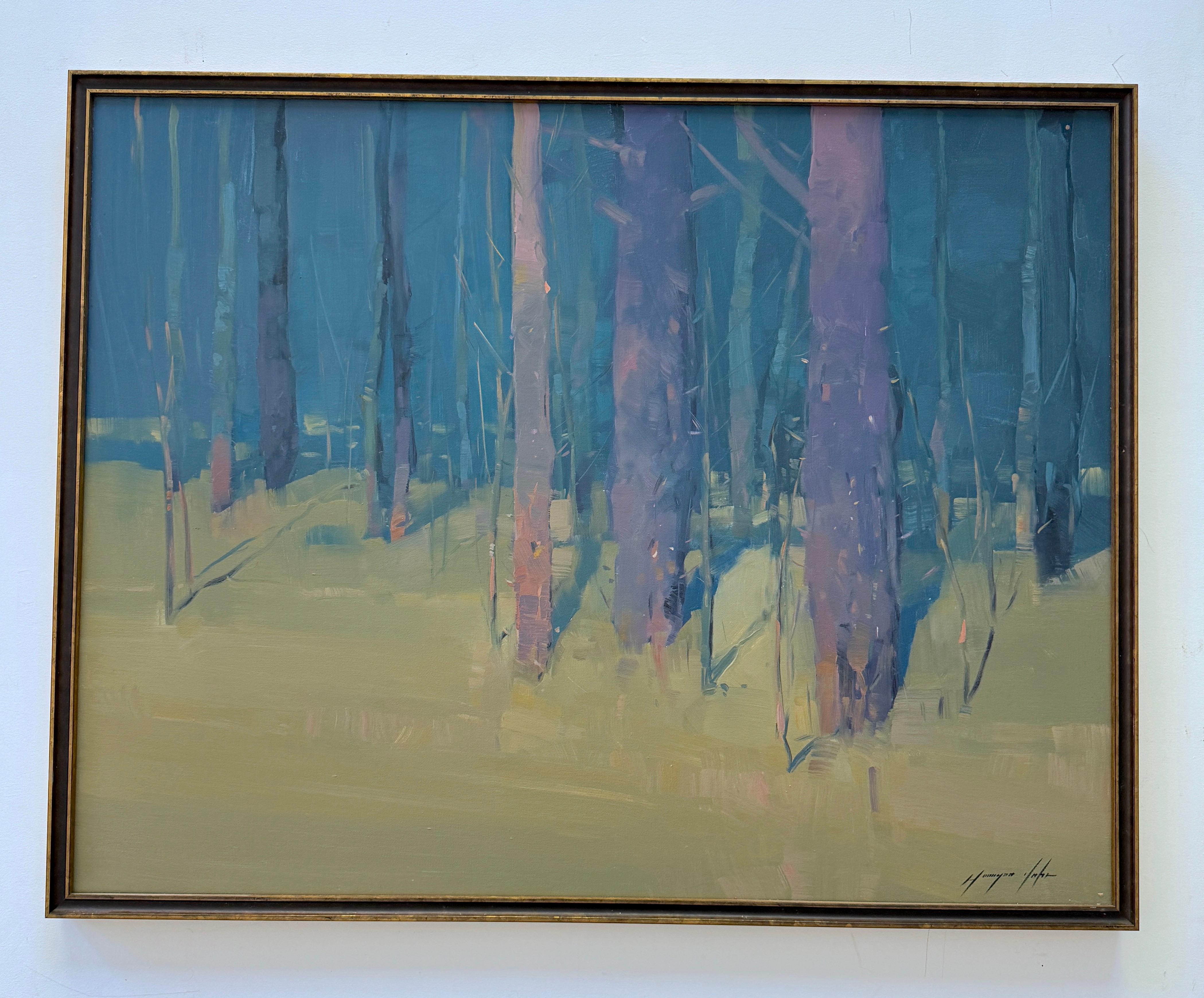 Alberi della luna, Paesaggio Impressionismo Pittura ad olio originale, pronta da appendere - Landscape Painting Grigio di Vahe Yeremyan