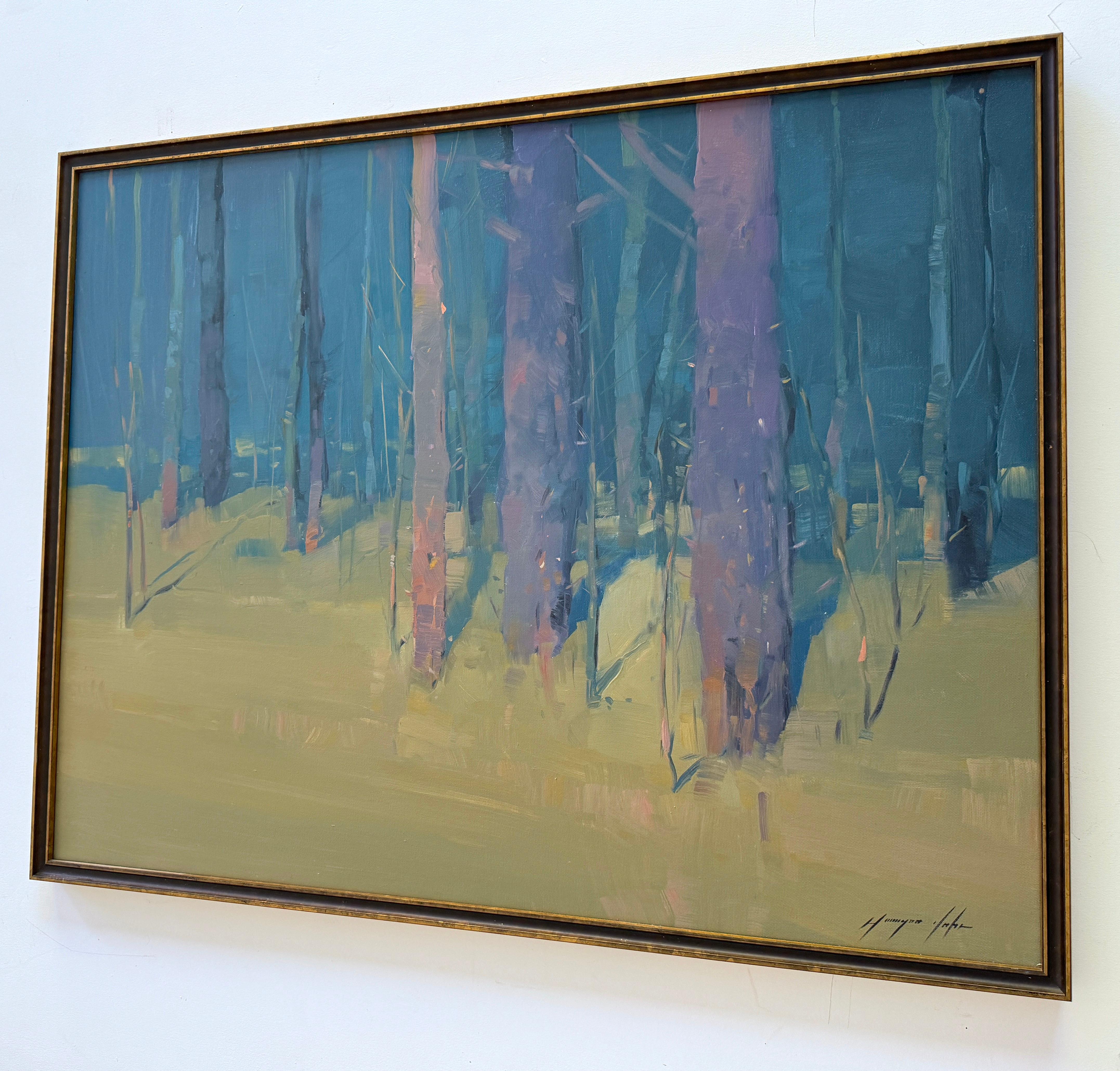 Alberi della luna, Paesaggio Impressionismo Pittura ad olio originale, pronta da appendere in vendita 1