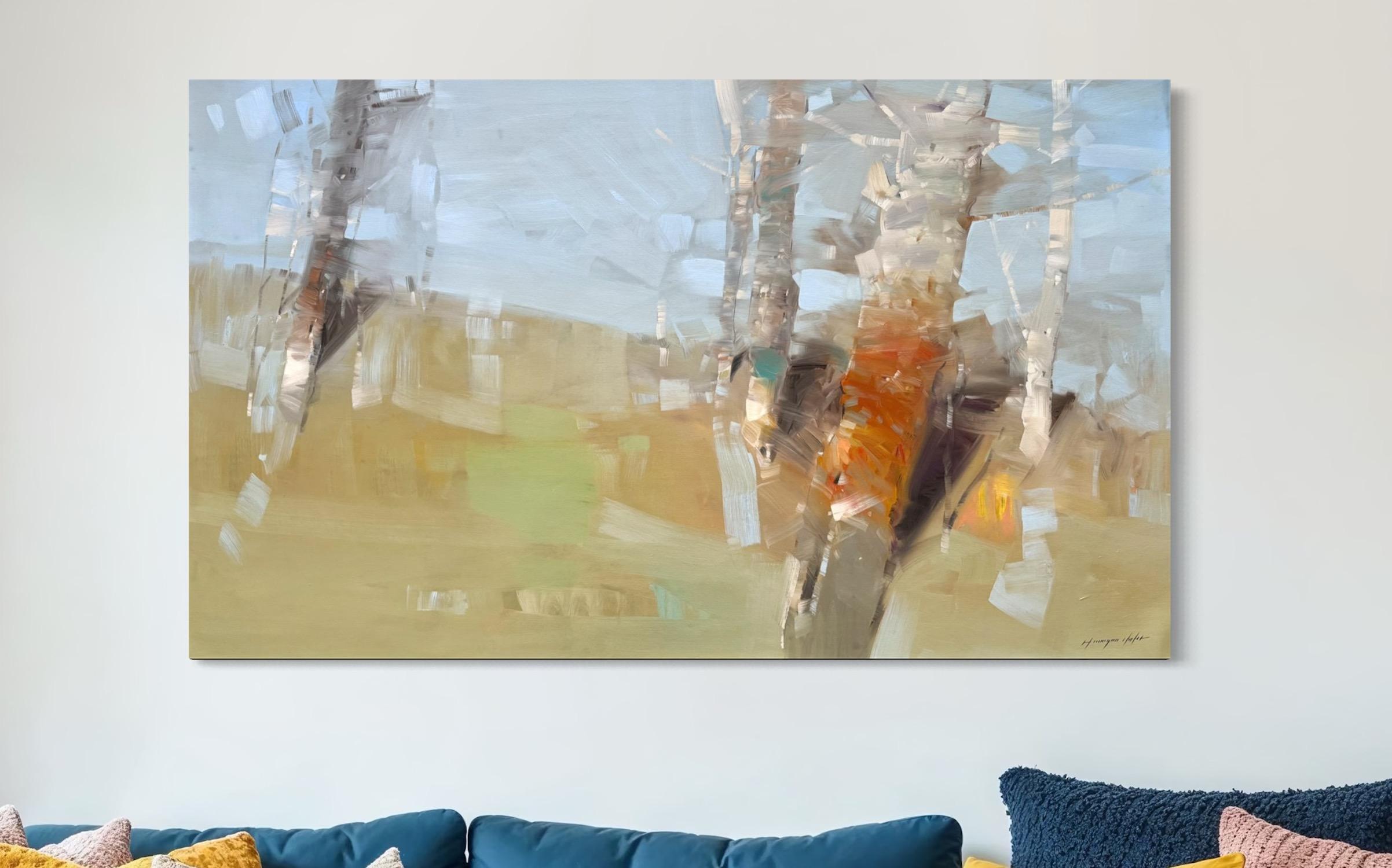 Morning Trees Landschaft Impressionismus Original Ölgemälde, hängefertig (Grau), Landscape Painting, von Vahe Yeremyan