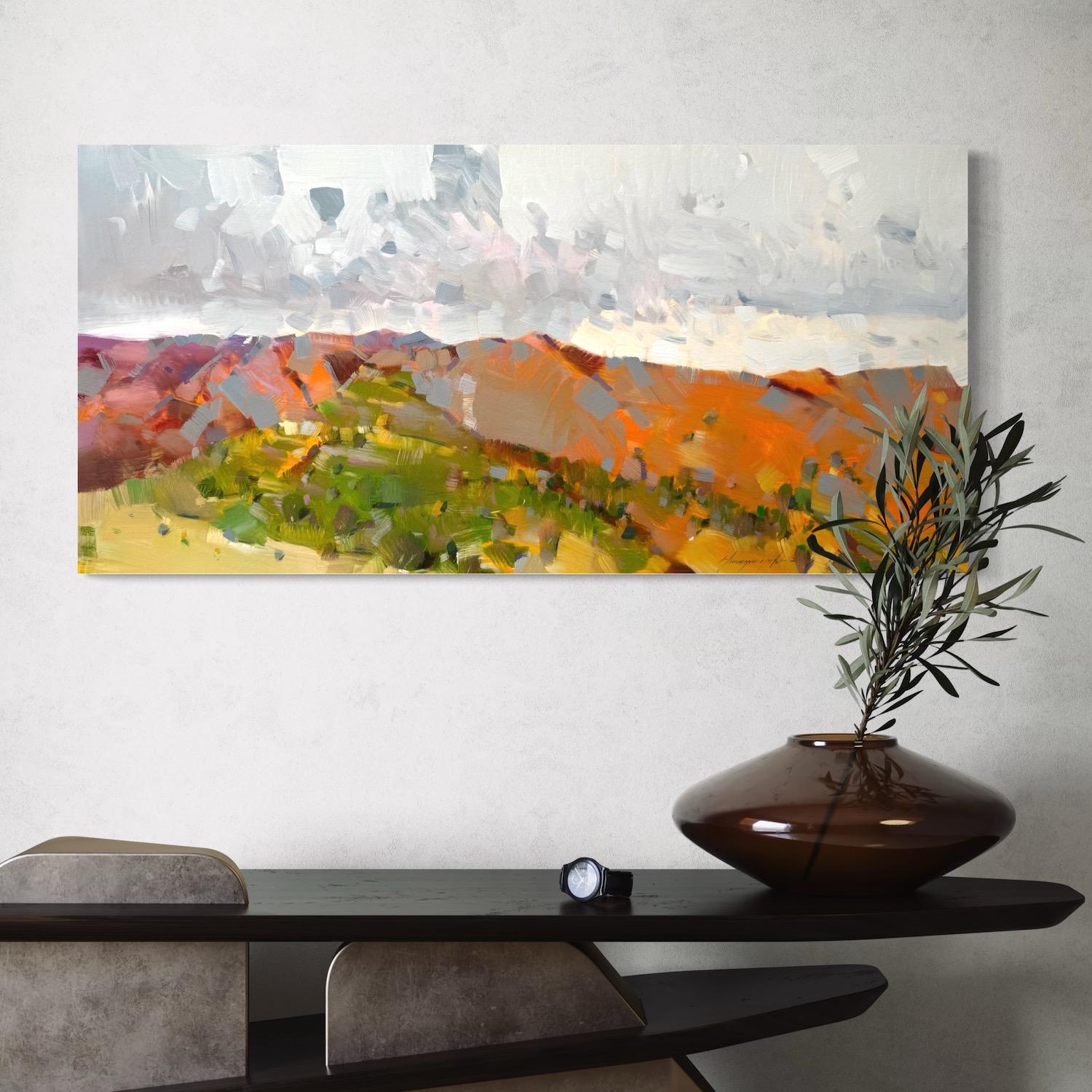 Paesaggio con vista sulla montagna Impressionismo Pittura ad olio originale pronta da appendere in vendita 1