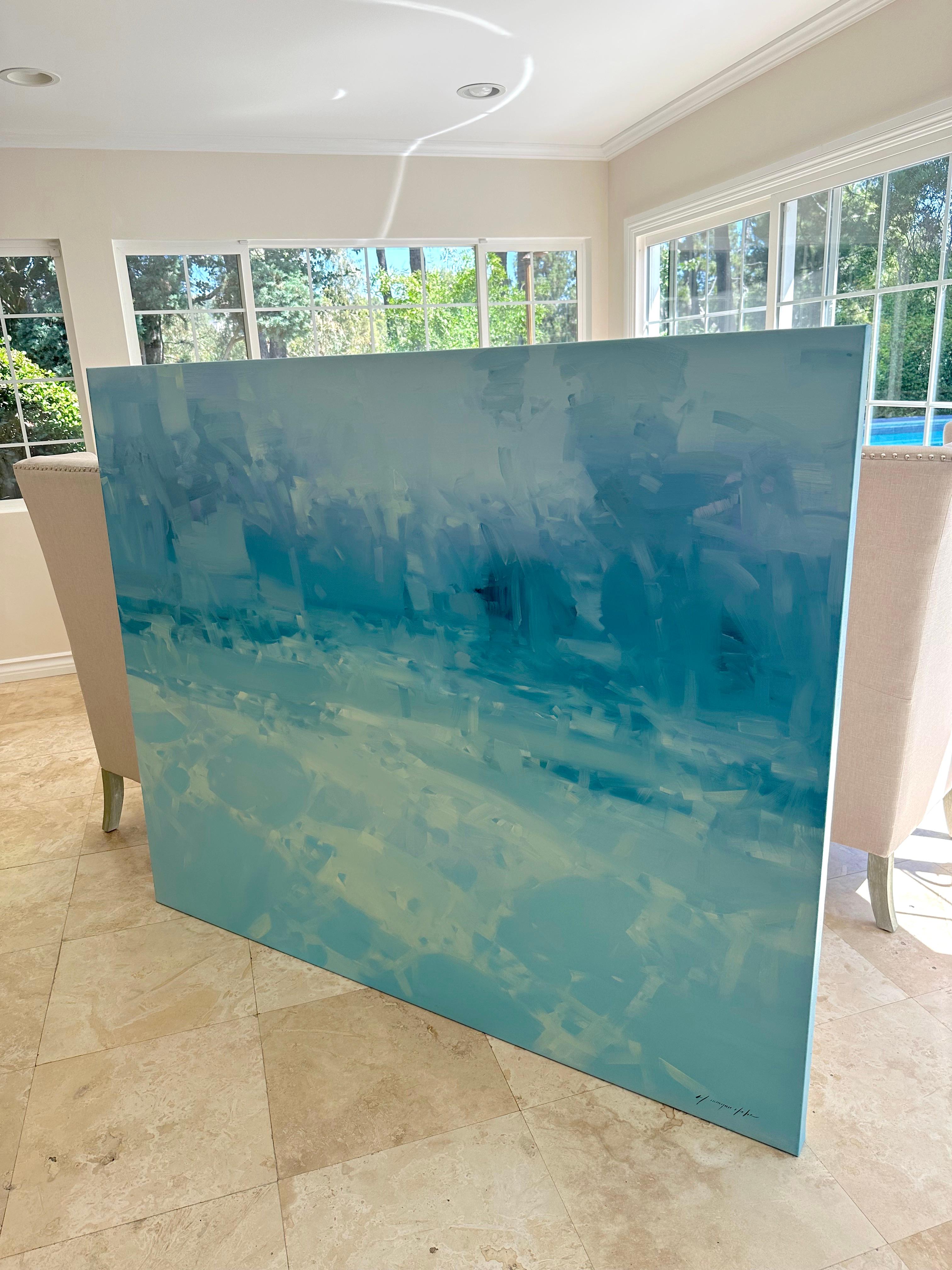 Brezza dell'oceano, paesaggio marino di grandi dimensioni, dipinto a olio originale, pronto da appendere - Landscape Painting Blu di Vahe Yeremyan