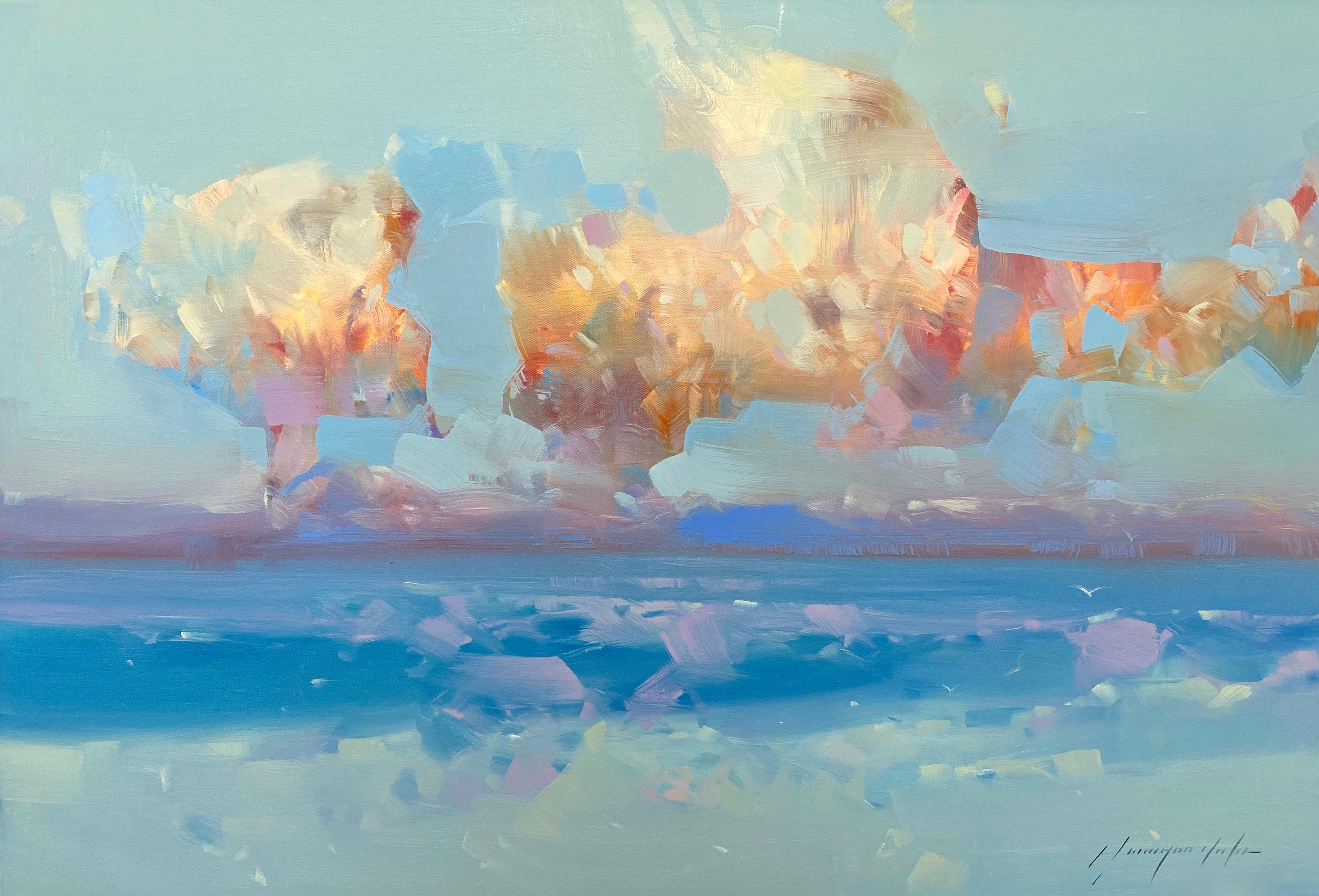 Landscape Painting Vahe Yeremyan - Nuages d'océan, peinture à l'huile originale, prête à être accrochée