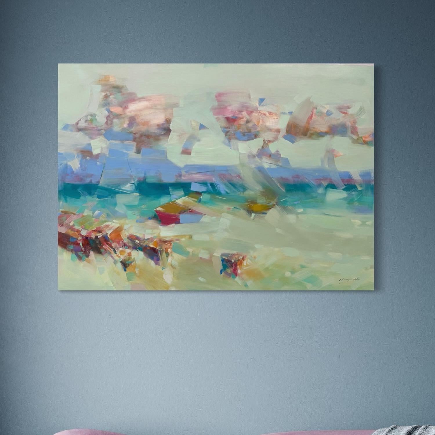 Abstracción oceánica Paisaje marino Impresionismo Pintura al óleo original Lista para colgar - Landscape Painting Gris de Vahe Yeremyan