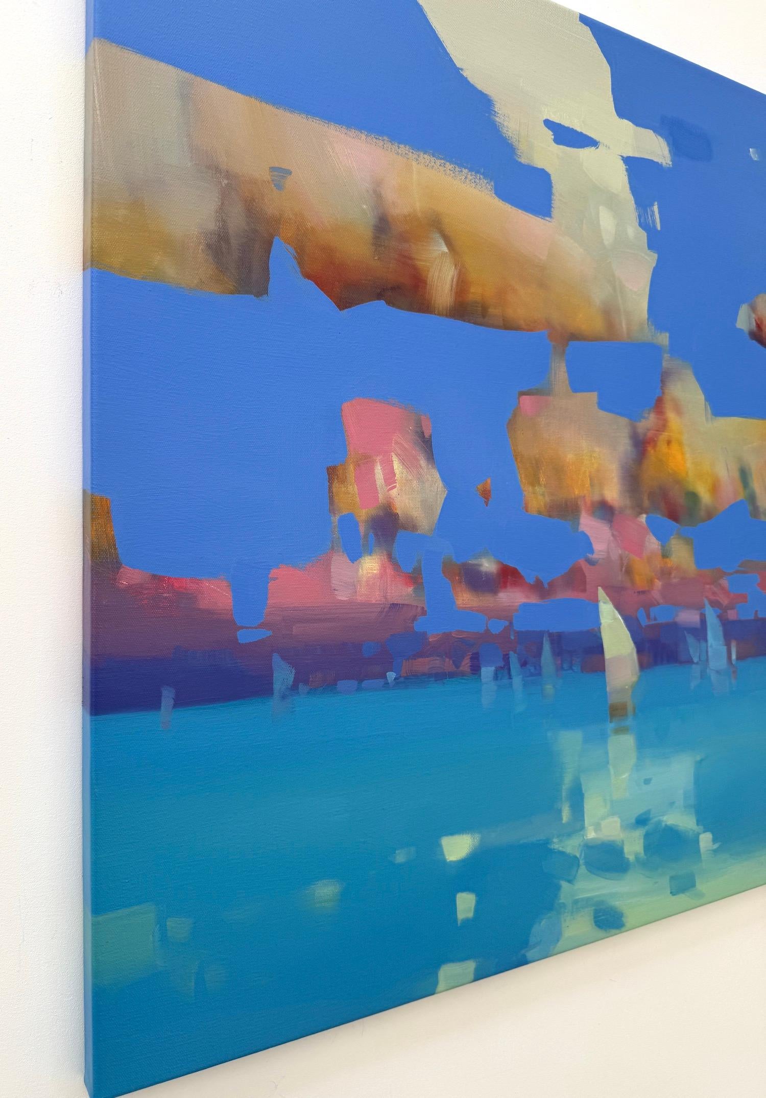 Nuages ocres Impressionnisme côtier Peinture à l'huile originale, prête à être accrochée - Bleu Landscape Painting par Vahe Yeremyan
