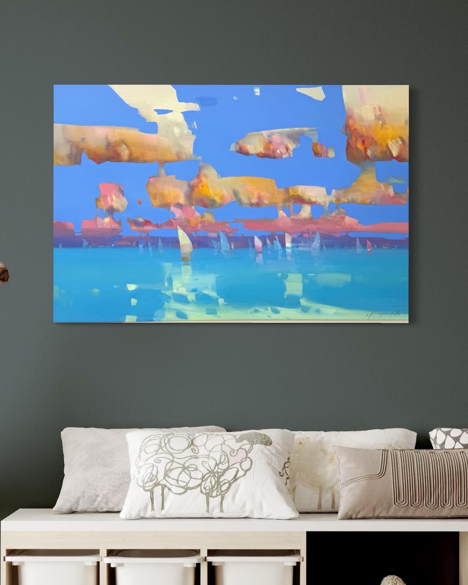 Nuages ocres Impressionnisme côtier Peinture à l'huile originale, prête à être accrochée en vente 1