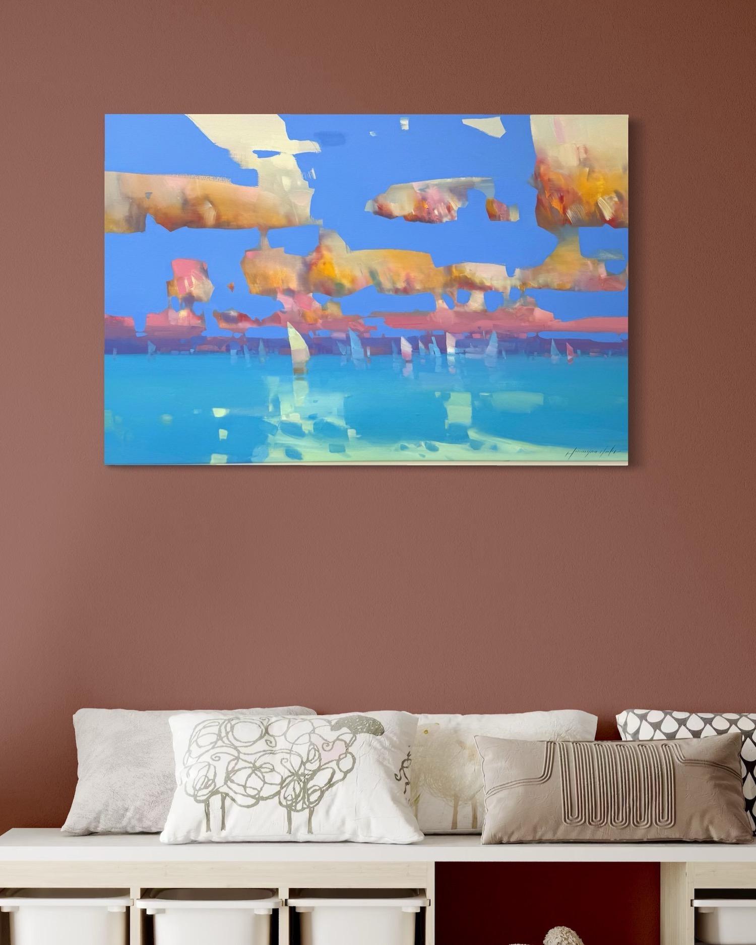 Nuages ocres Impressionnisme côtier Peinture à l'huile originale, prête à être accrochée en vente 2