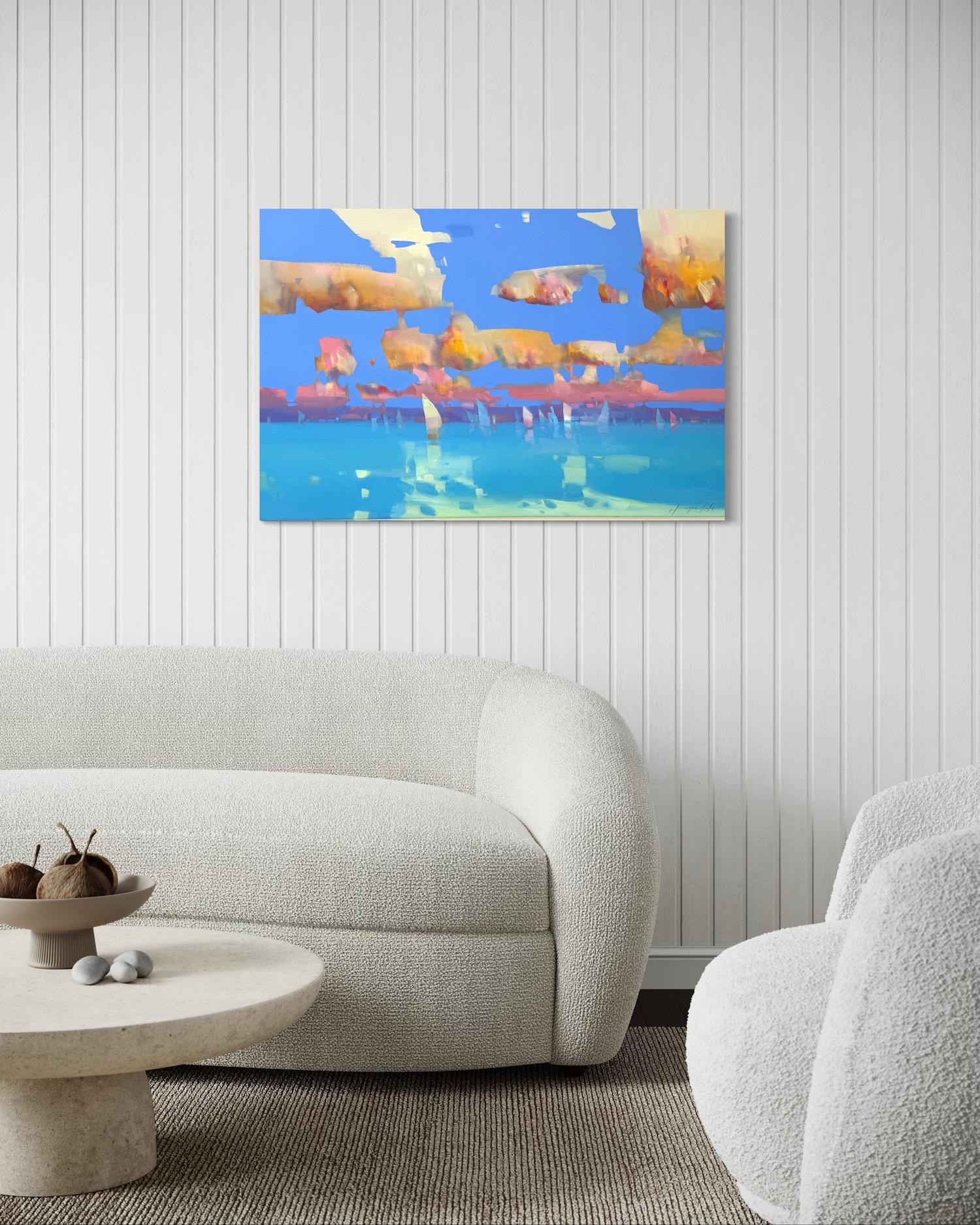 Nuages ocres Impressionnisme côtier Peinture à l'huile originale, prête à être accrochée en vente 3