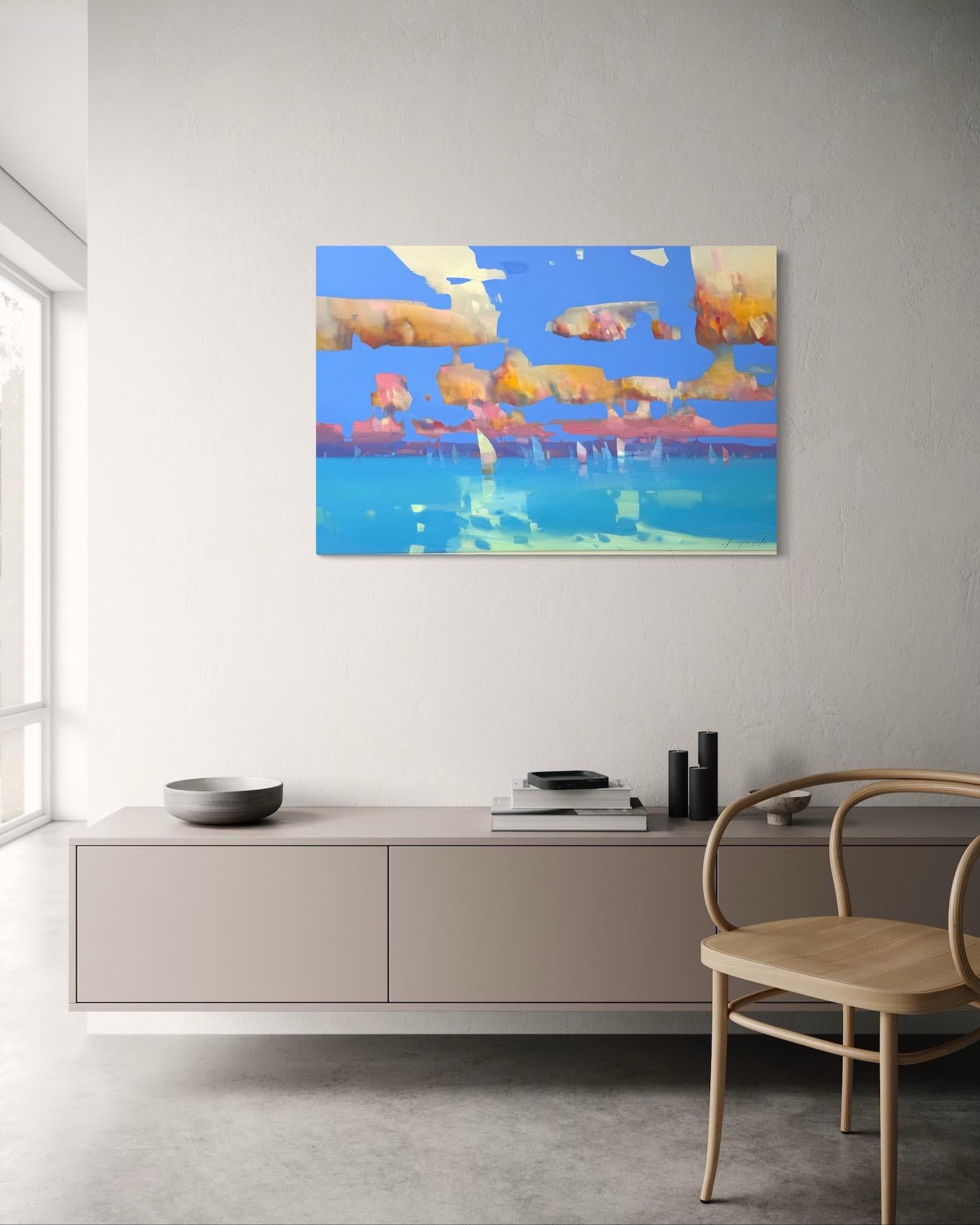Nuages ocres Impressionnisme côtier Peinture à l'huile originale, prête à être accrochée en vente 4
