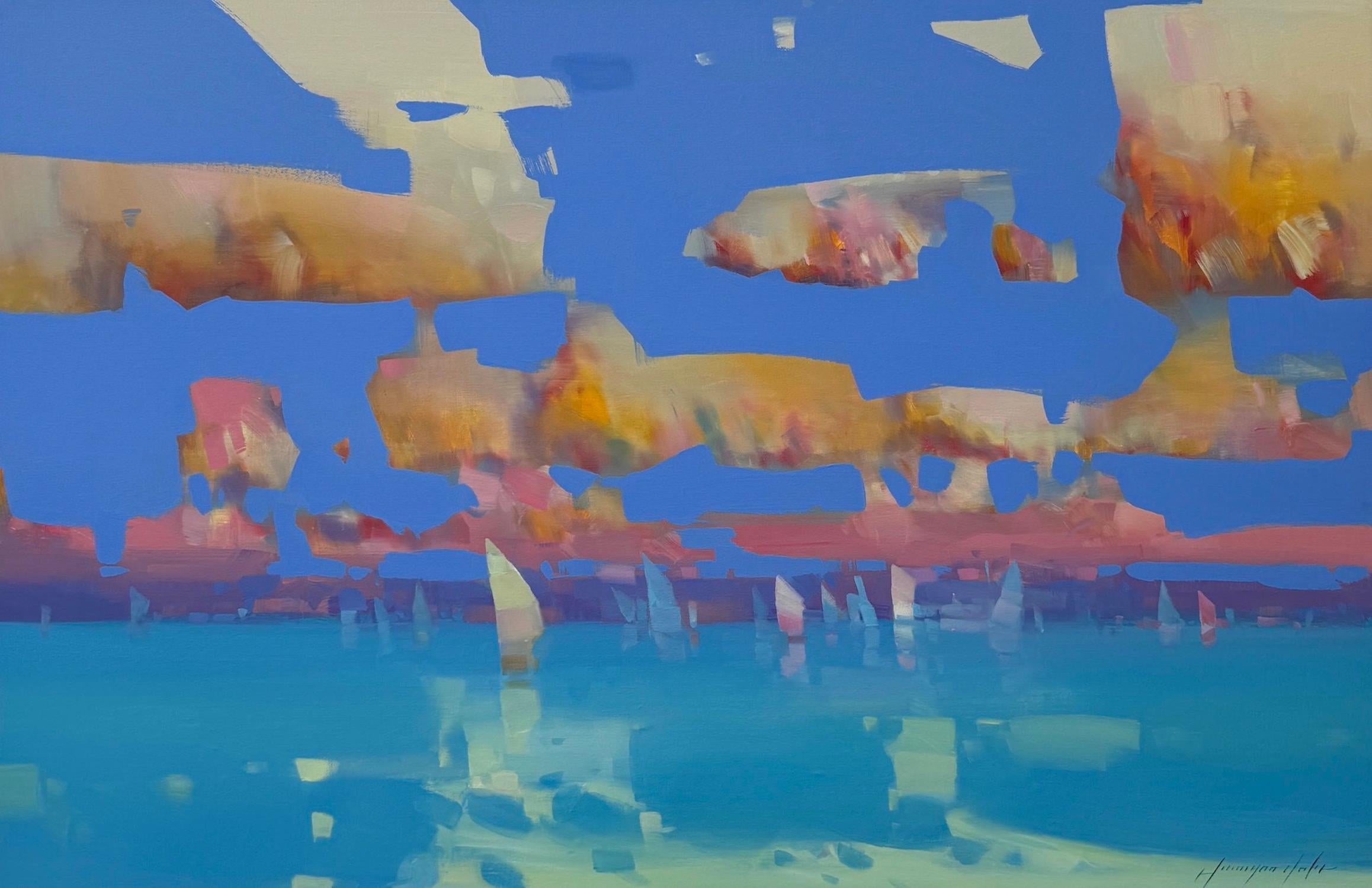 Ochre Clouds Coastal Impressionism Original oil Painting, Ready to Hang