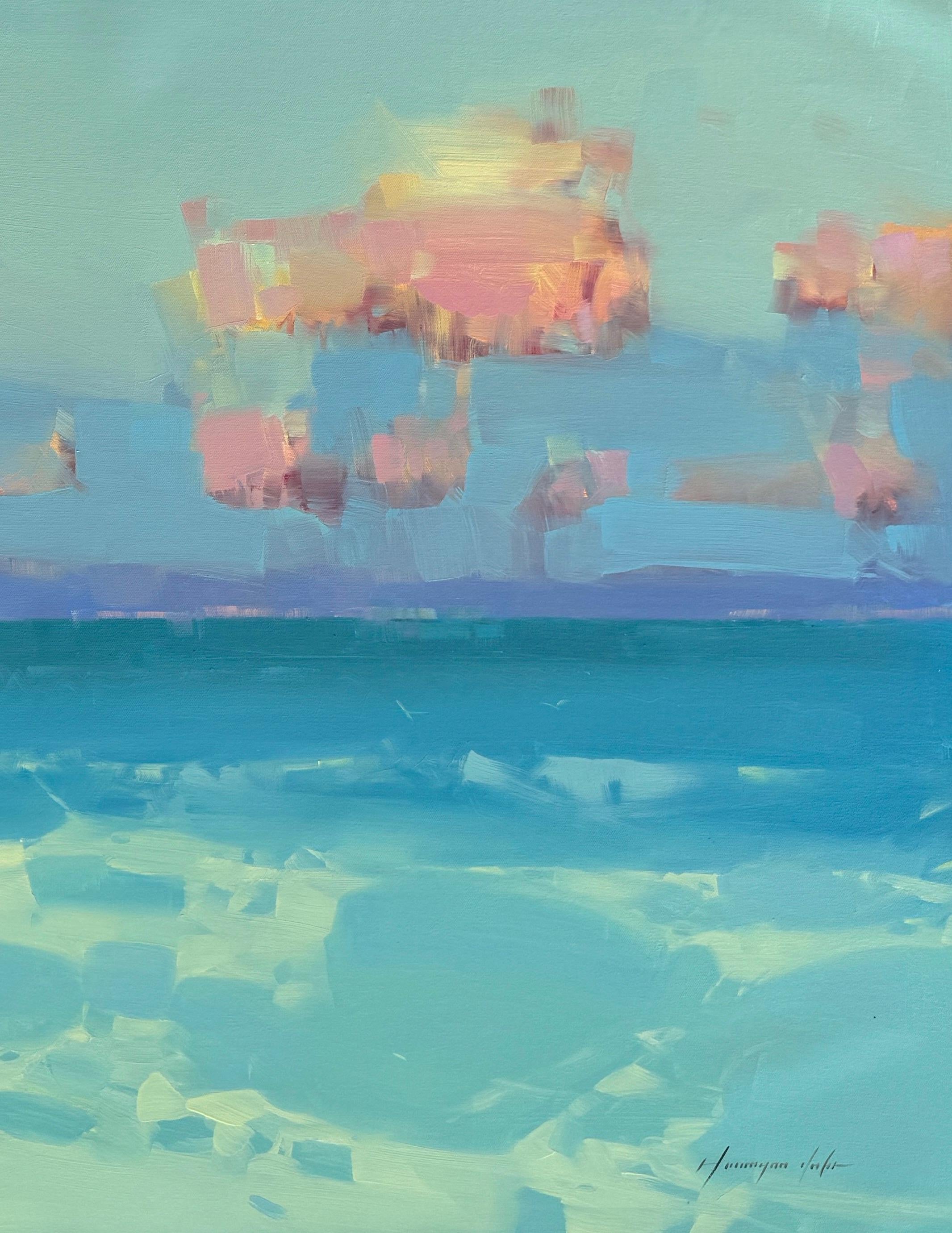 Baia del Pacifico, Impressionismo Pittura ad olio originale, pronta da appendere - Landscape Painting Blu di Vahe Yeremyan