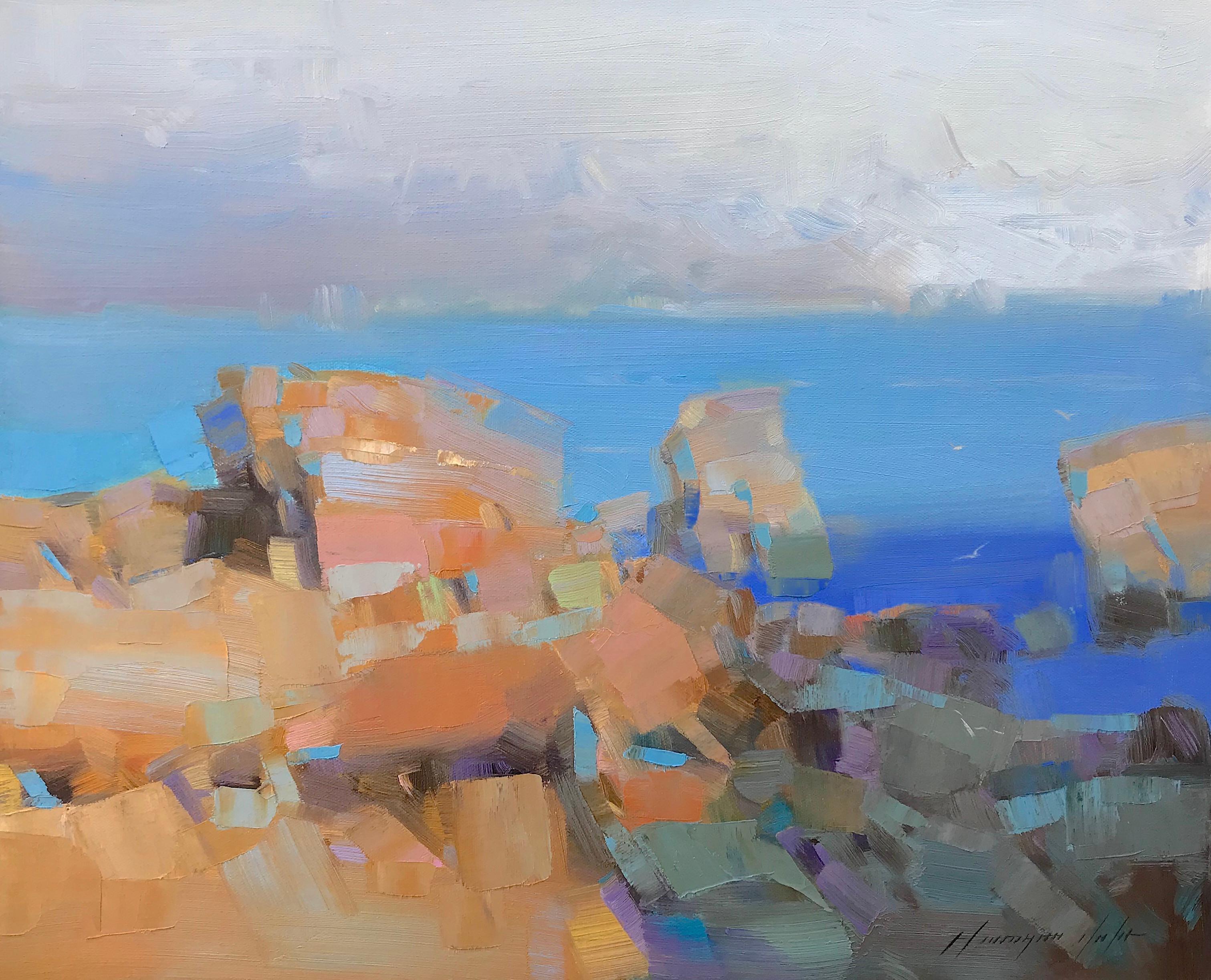 Landscape Painting Vahe Yeremyan - Côte du Pacifique, paysage marin, falaises, peinture à l'huile originale, œuvre d'art faite à la main