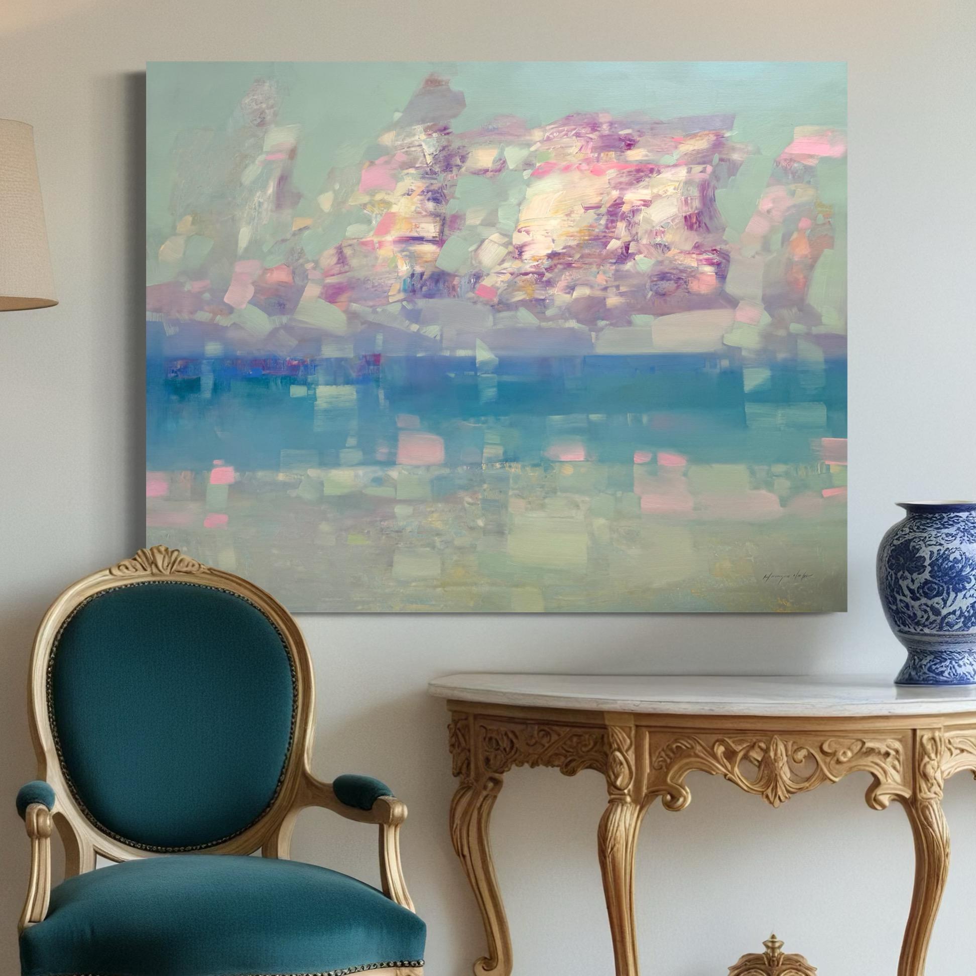 Paesaggio marino della costa del Pacifico Impressionismo Pittura ad olio originale, pronta da appendere - Abstract Painting Grigio di Vahe Yeremyan