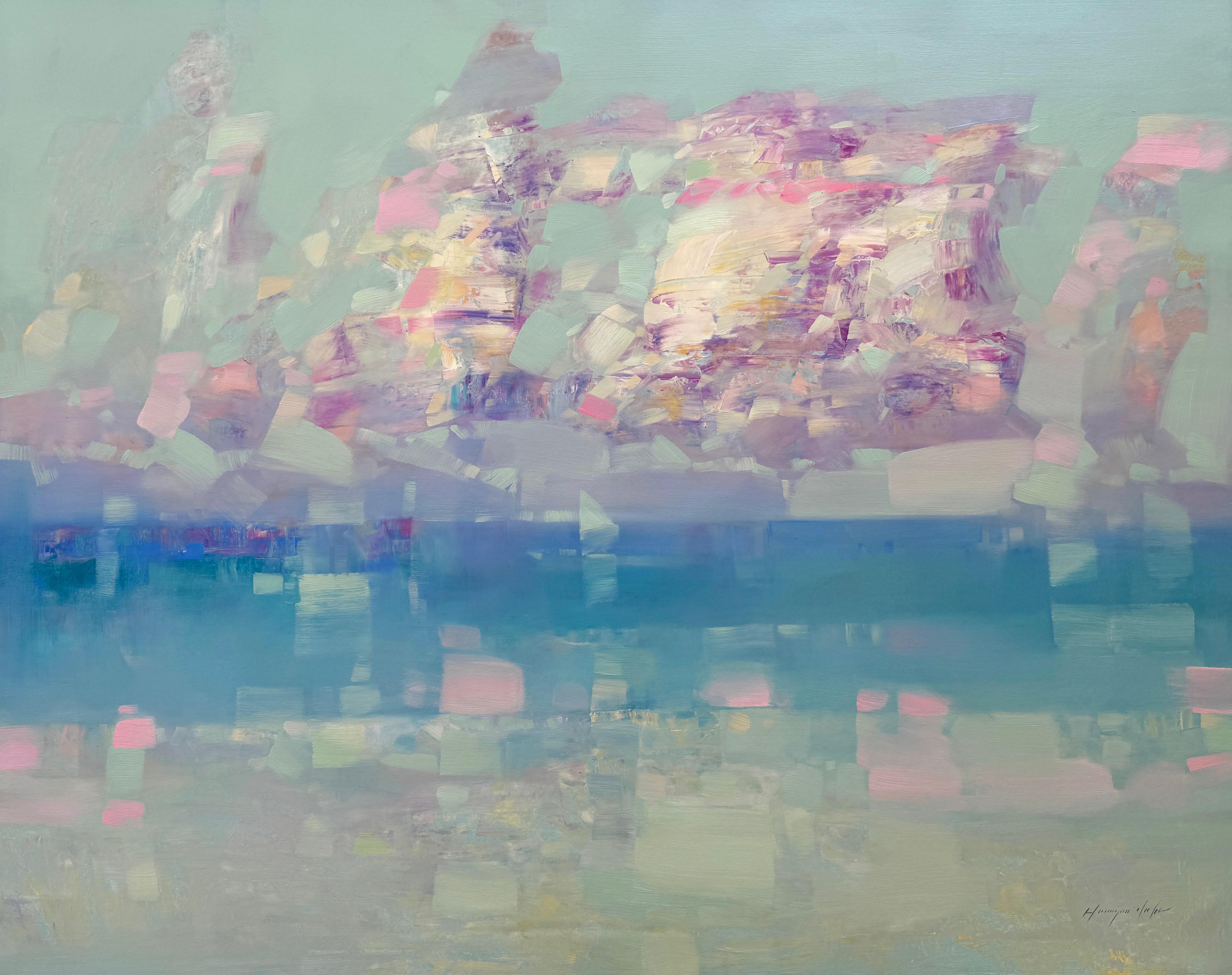 Abstract Painting di Vahe Yeremyan - Paesaggio marino della costa del Pacifico Impressionismo Pittura ad olio originale, pronta da appendere