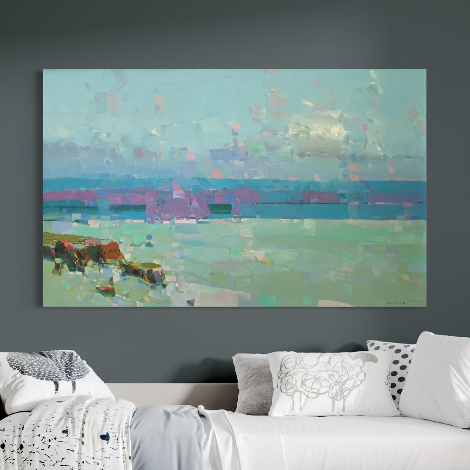 Pazifikküste Meereslandschaft Impressionismus Originalgemälde zum Aufhängen (Grau), Landscape Painting, von Vahe Yeremyan