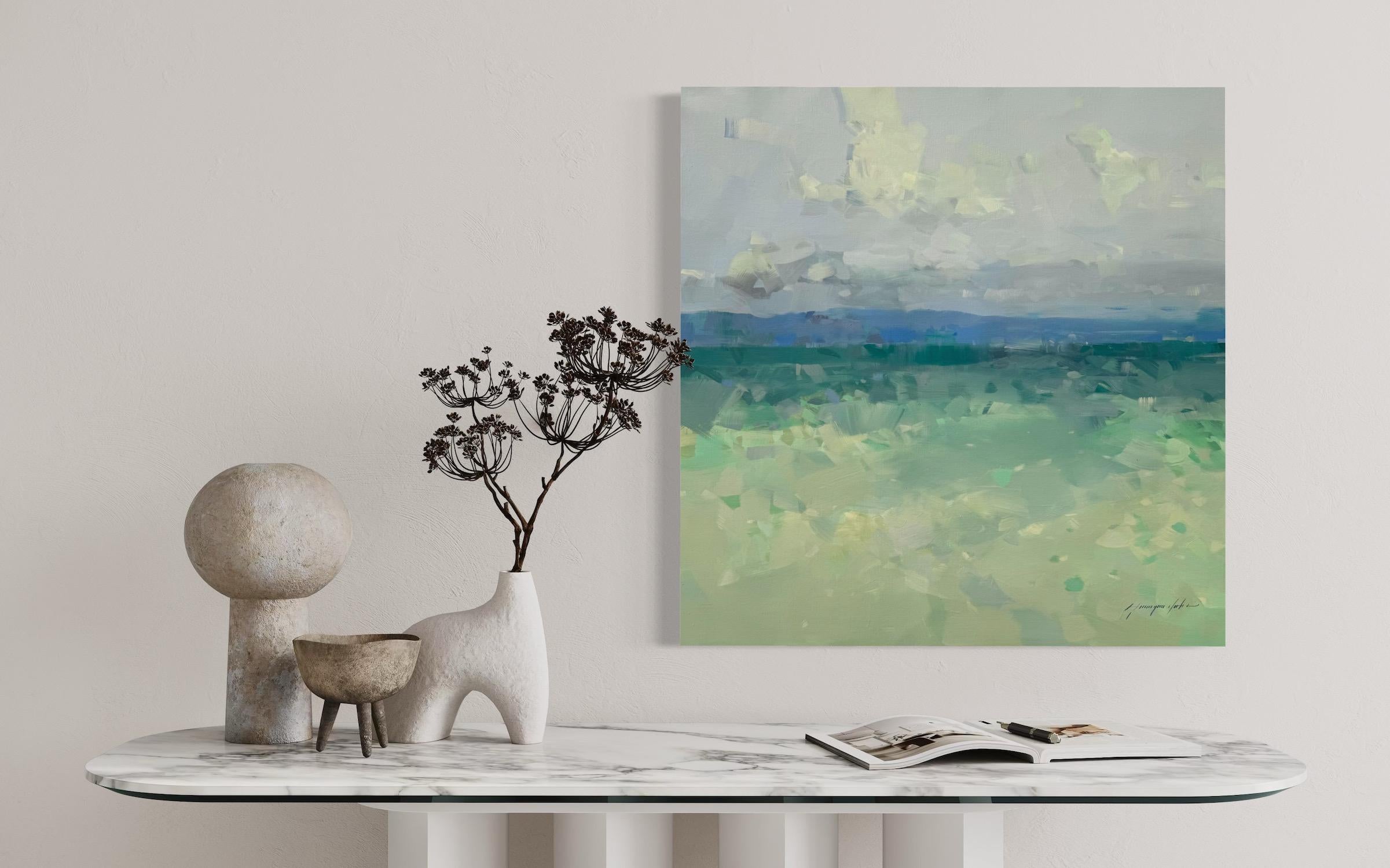 Oceano Pacific Highway Pittura ad olio originale, pronta da appendere - Landscape Painting Grigio di Vahe Yeremyan