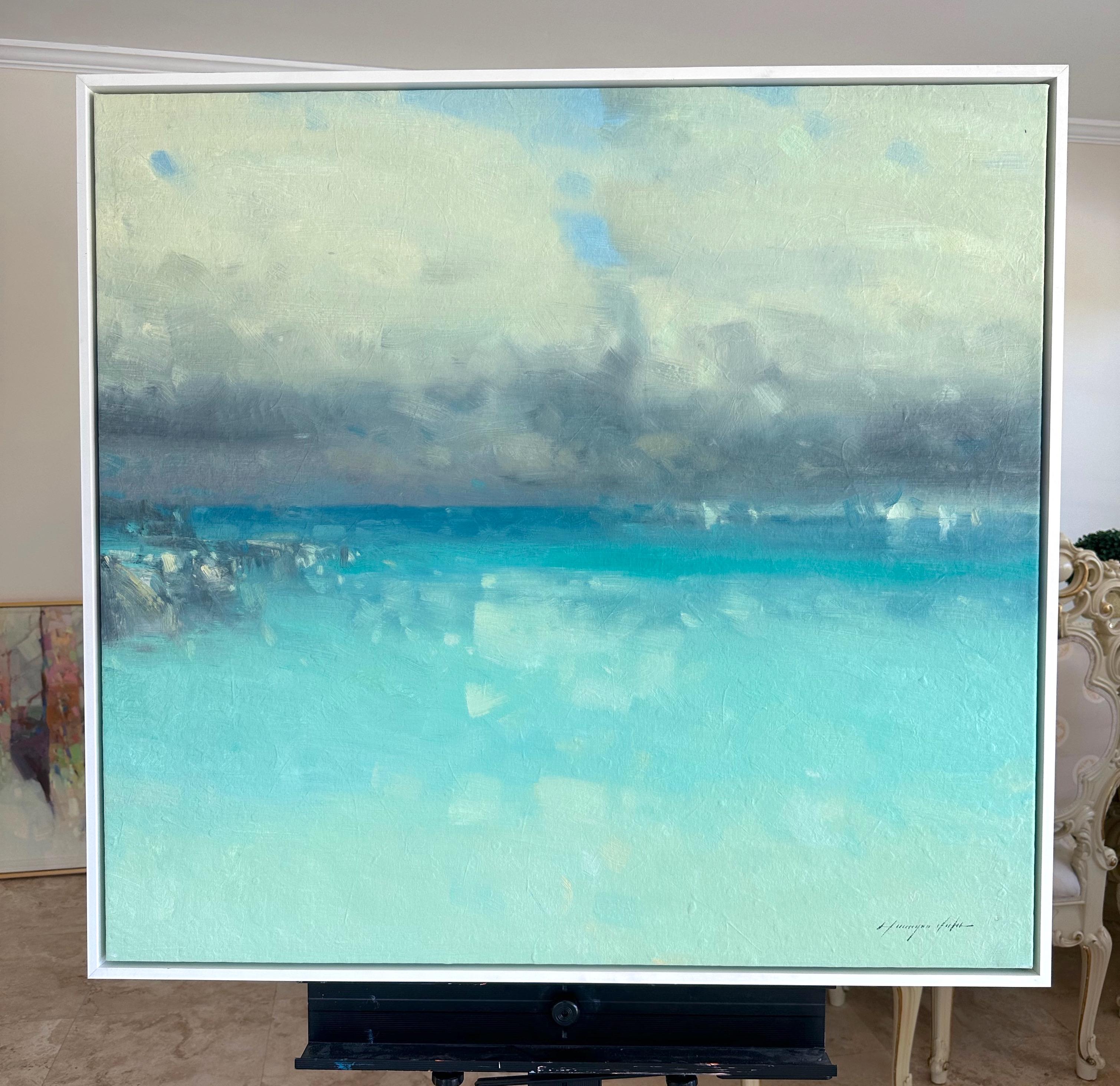 Pacific Highway, Original oil Painting, Ready to Hang, Framed - Blue Abstract Painting by Vahe Yeremyan