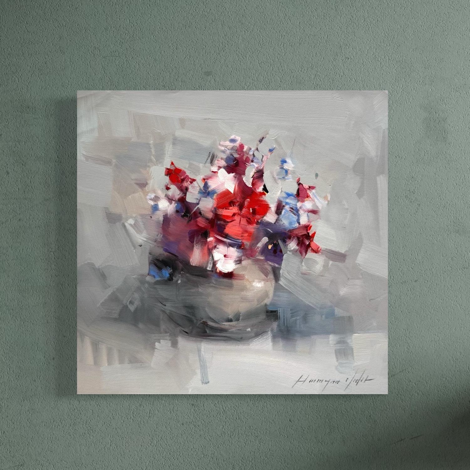 Pansies Flowers Still life, Impressionism Original Painting Ready to Hang - Gray Landscape Painting by Vahe Yeremyan