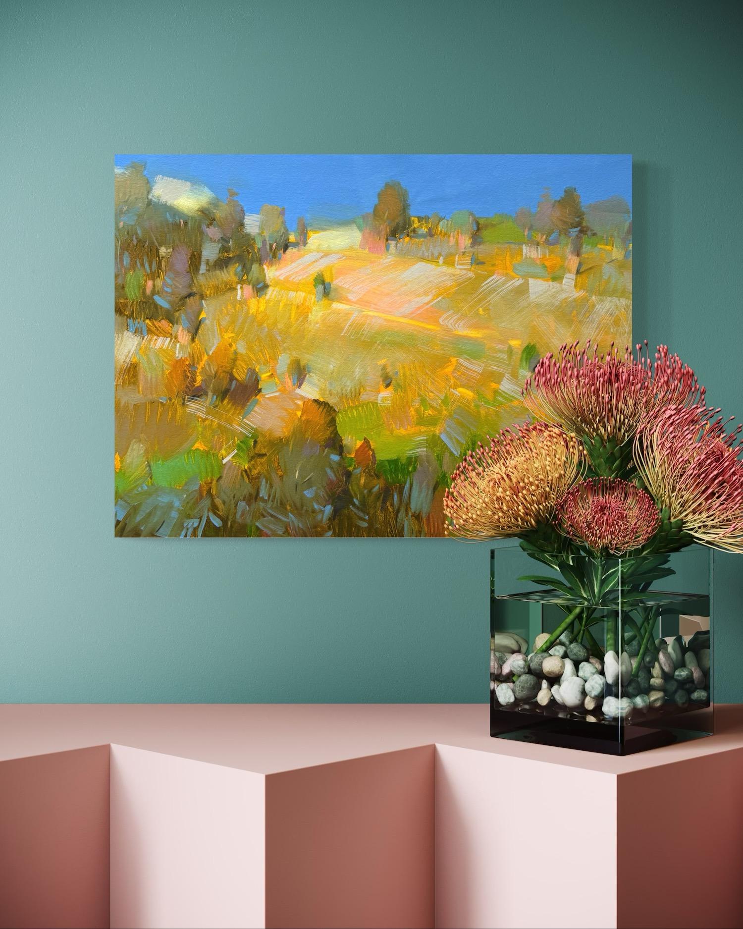 Pastel Valle Paisaje Impresionismo Pintura al óleo original, Lista para colgar - Landscape Painting Marrón de Vahe Yeremyan