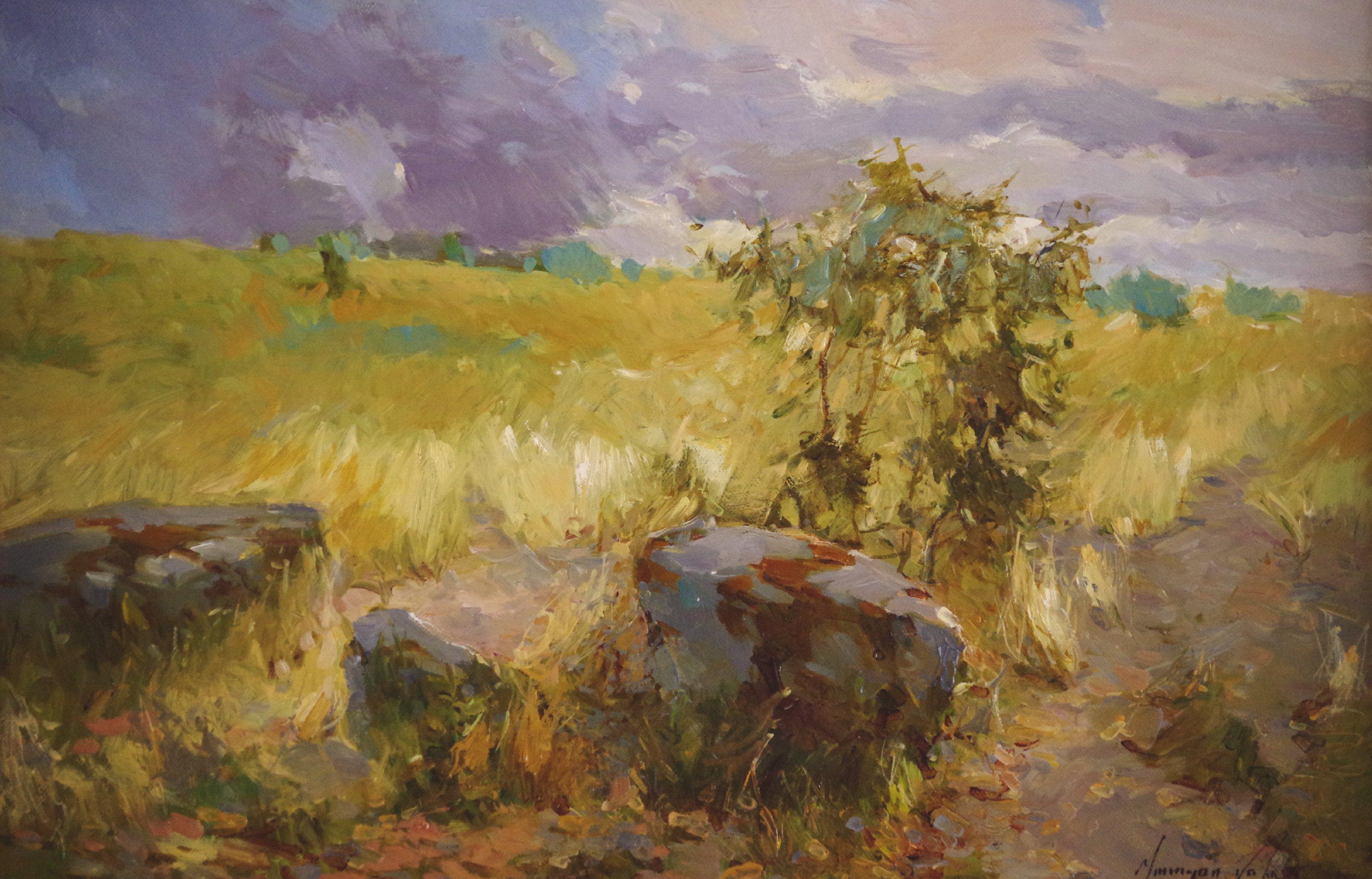 Path Through the Meadow, Original Oil Painting, Ready to Hang - Brown Landscape Painting by Vahe Yeremyan