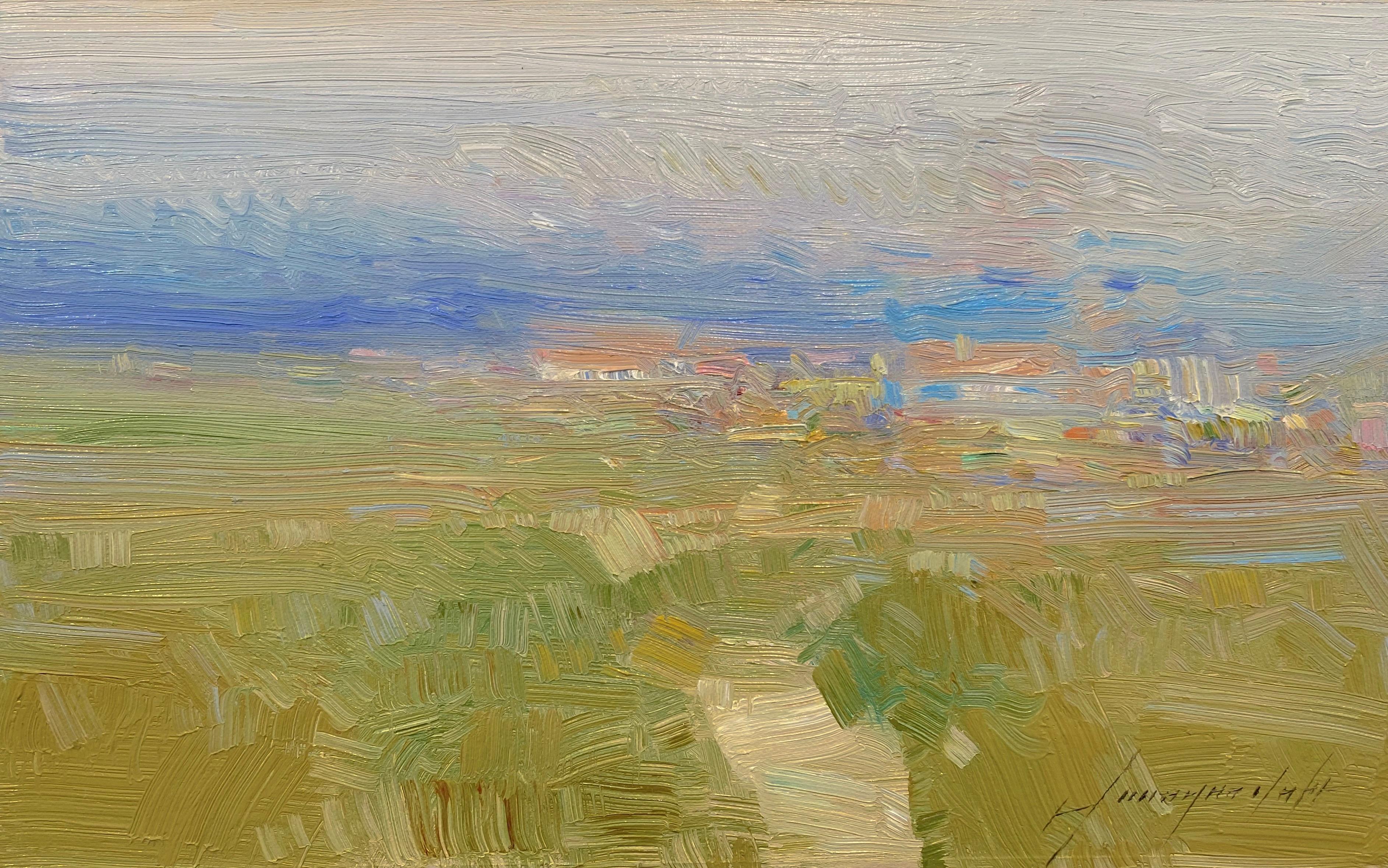 Landscape Painting di Vahe Yeremyan - Percorso verso il  Villaggio, Paesaggio Pittura ad olio originale, opera d'arte fatta a mano