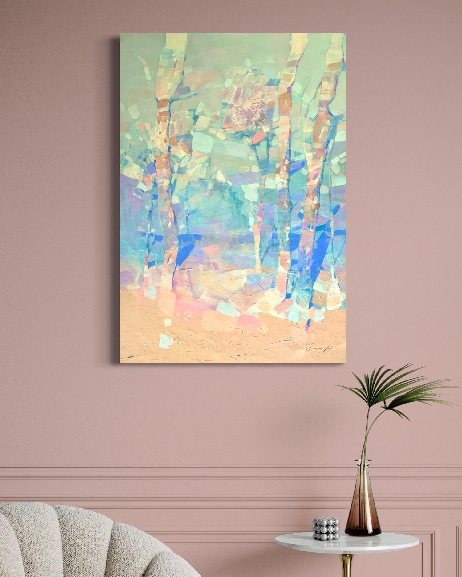 Pearl Grove Paesaggio Impressionista Pittura ad olio originale, pronta da appendere - Landscape Painting Grigio di Vahe Yeremyan