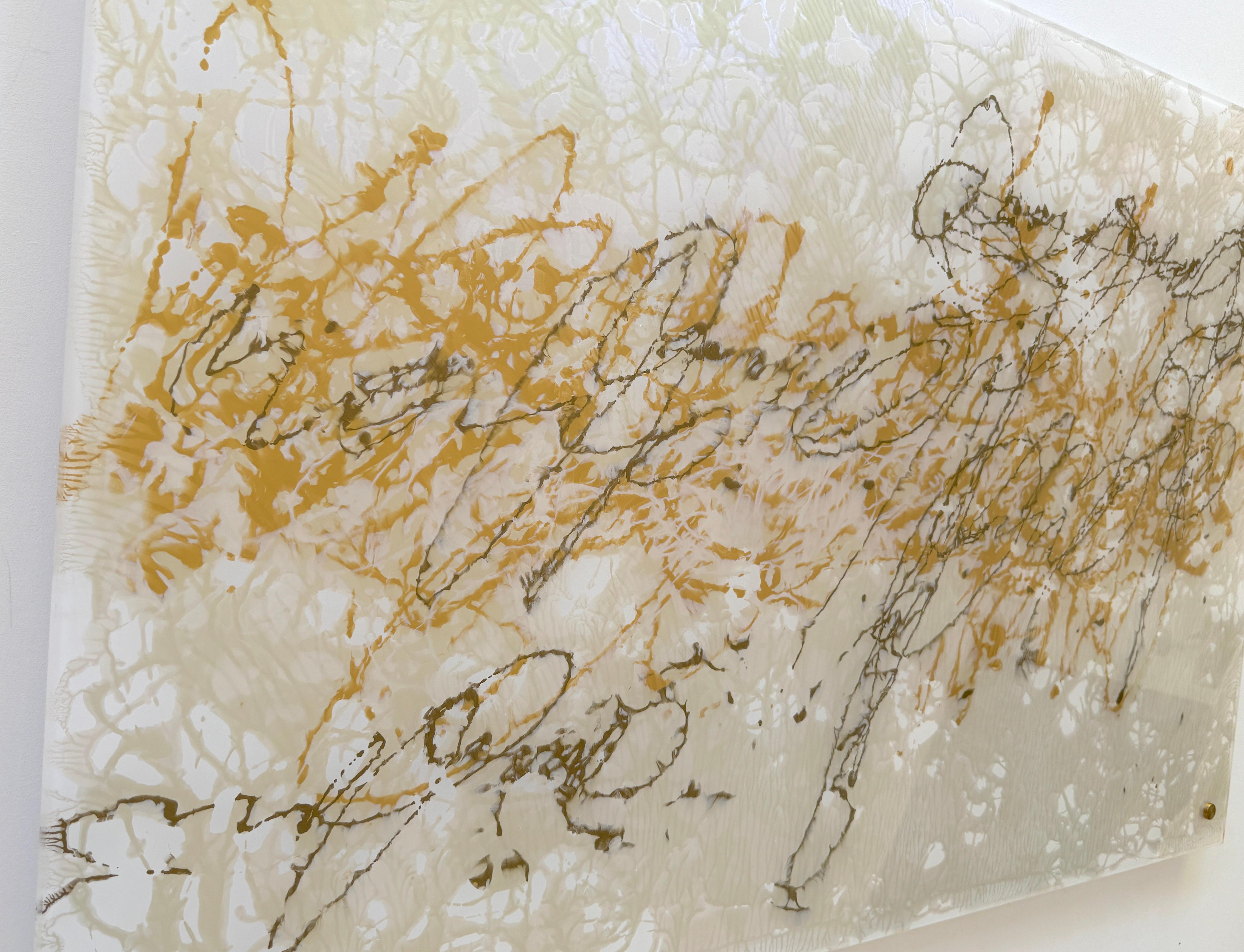Glass Painting in gold and Pearls
Artist: Vahe Yeremyan 
Work: Original Painting, Handmade Artwork, One of a Kind 
Medium: Acrylic on Plexiglass
Year: 2025
Style: Contemporary Art, 
Title: Pearl Signs 2
Size: 32