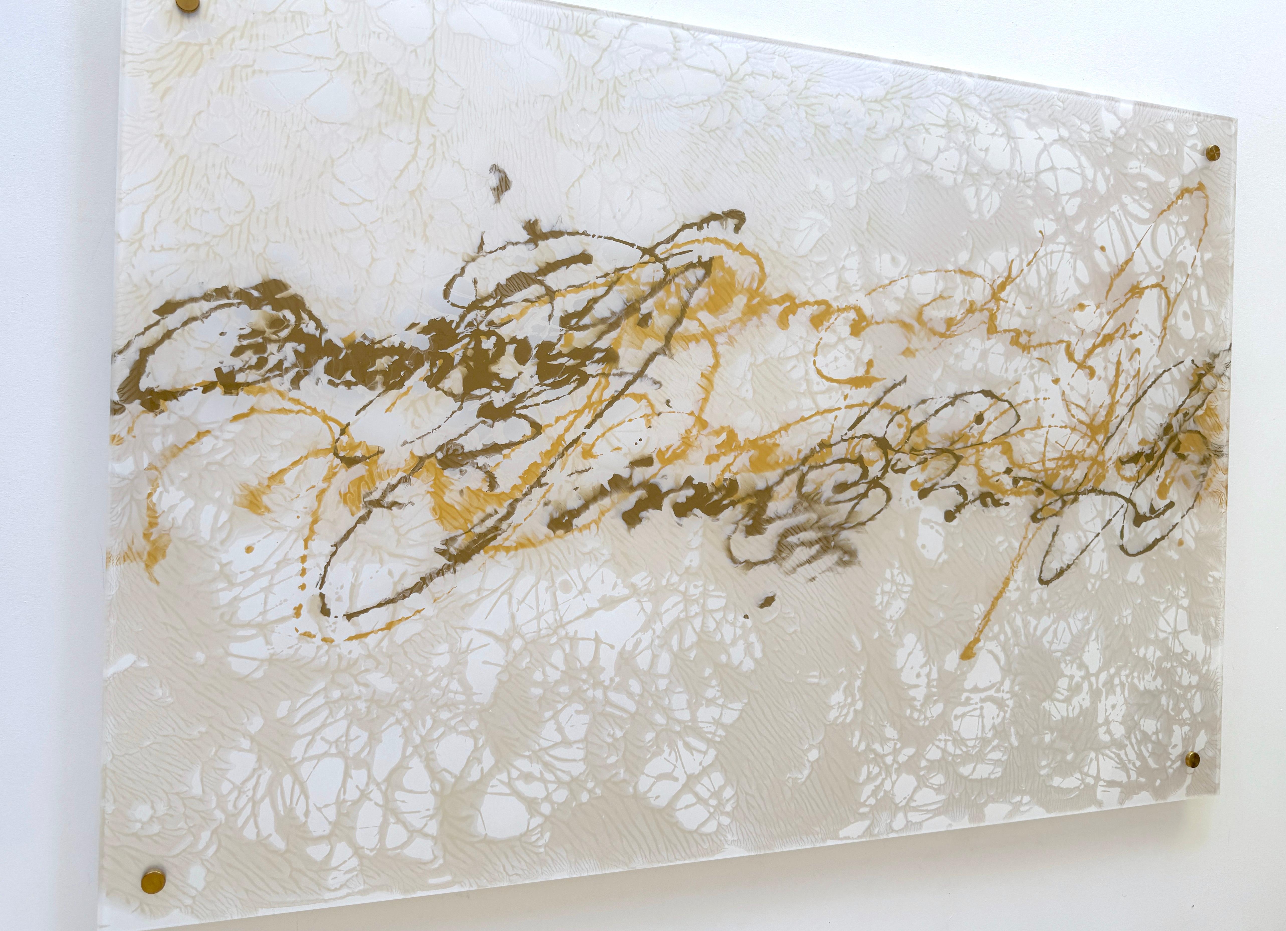 Glass Painting in gold and Pearls
Artist: Vahe Yeremyan 
Work: Original Painting, Handmade Artwork, One of a Kind 
Medium: Acrylic on Plexiglass
Year: 2025
Style: Contemporary Art, 
Title: Pearl Signs 3
Size: 32