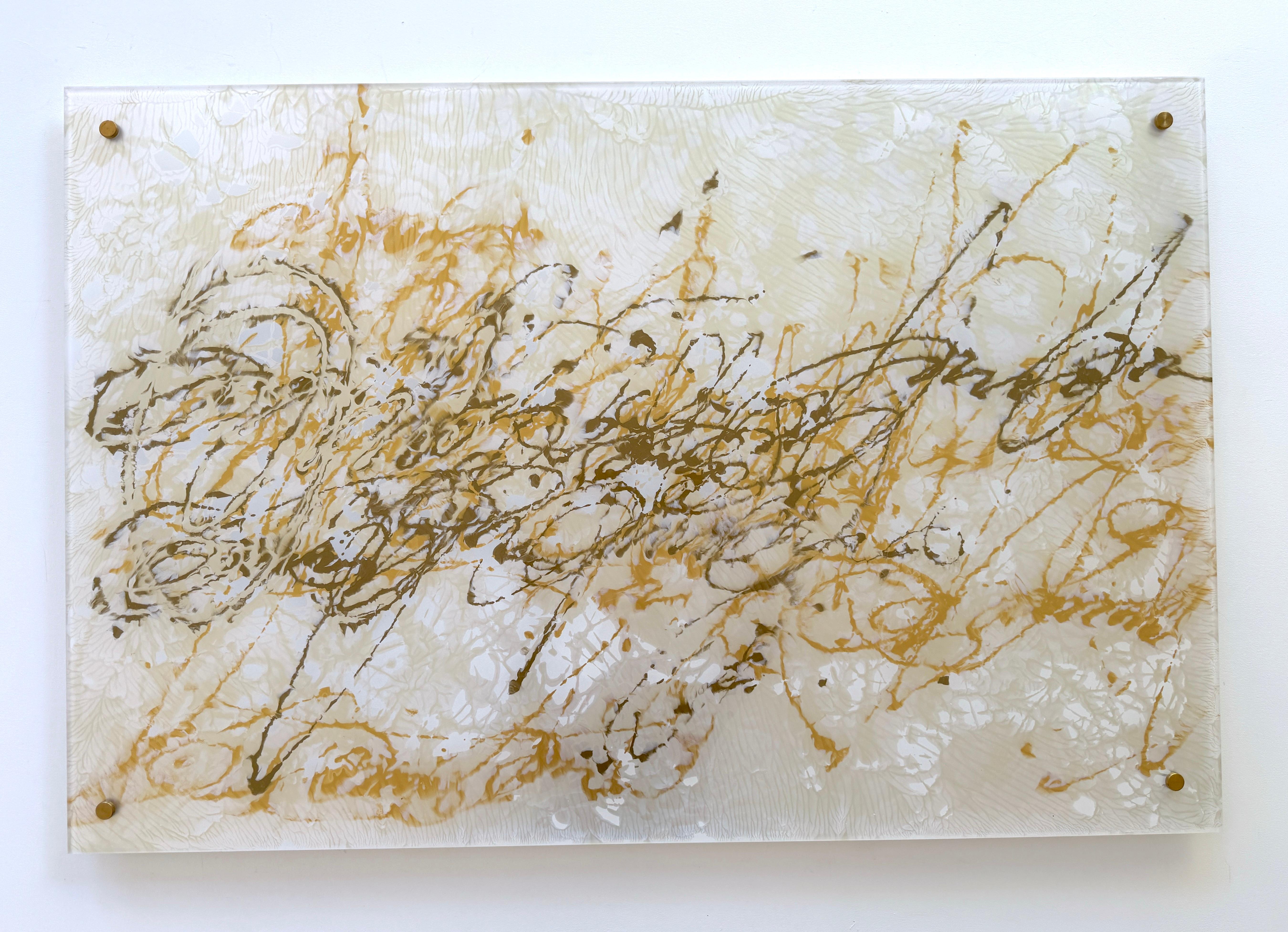 Glass Painting in gold and Pearls
Artist: Vahe Yeremyan 
Work: Original Painting, Handmade Artwork, One of a Kind 
Medium: Acrylic on Plexiglass
Year: 2025
Style: Contemporary Art, 
Title: Pearl Signs 6
Size: 32