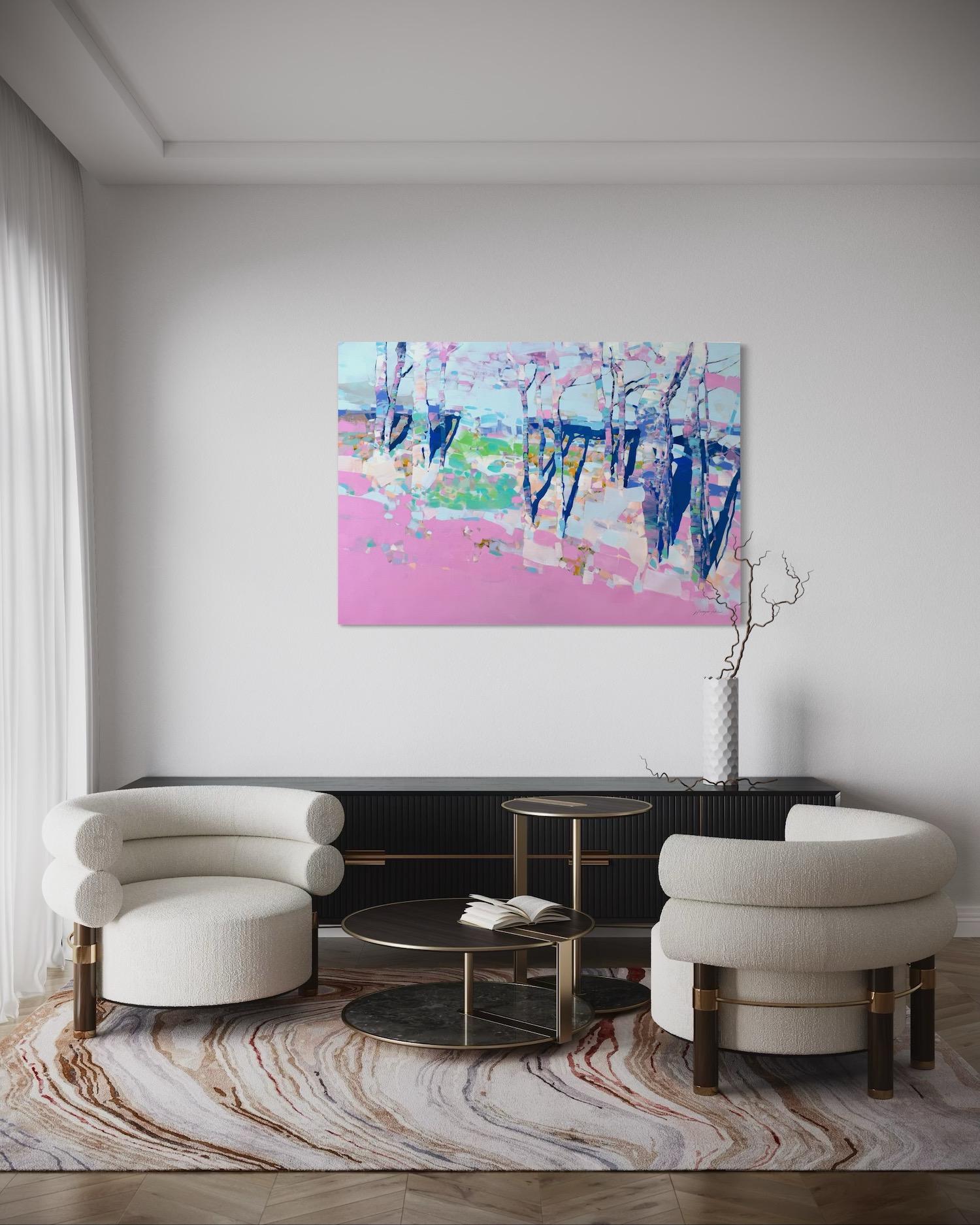 Pink Aspen Arte contemporanea Pittura ad olio originale pronta da appendere - Landscape Painting Grigio di Vahe Yeremyan