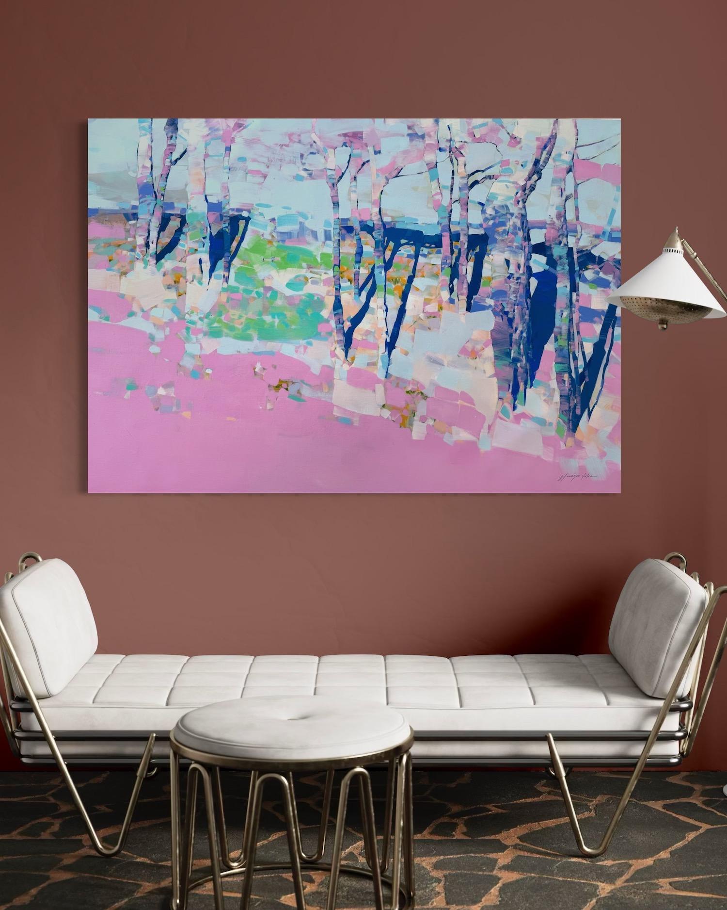 Pink Aspen Arte contemporanea Pittura ad olio originale pronta da appendere in vendita 1