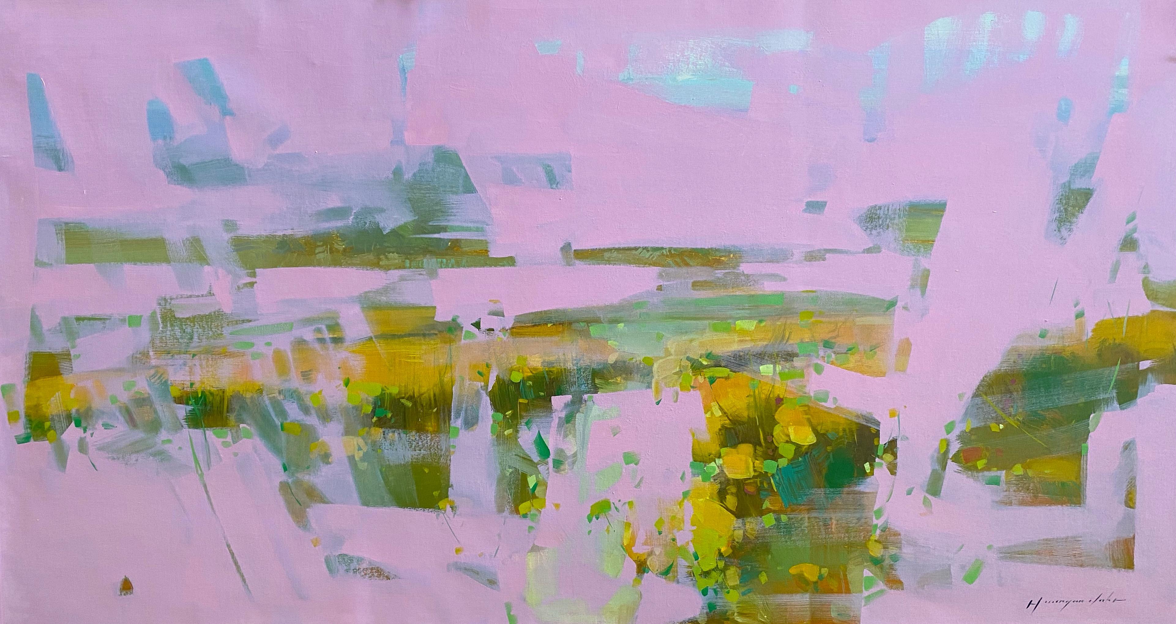 Landscape Painting di Vahe Yeremyan - Fiore rosa, Paesaggio astratto, Pittura ad olio originale, pronta da appendere