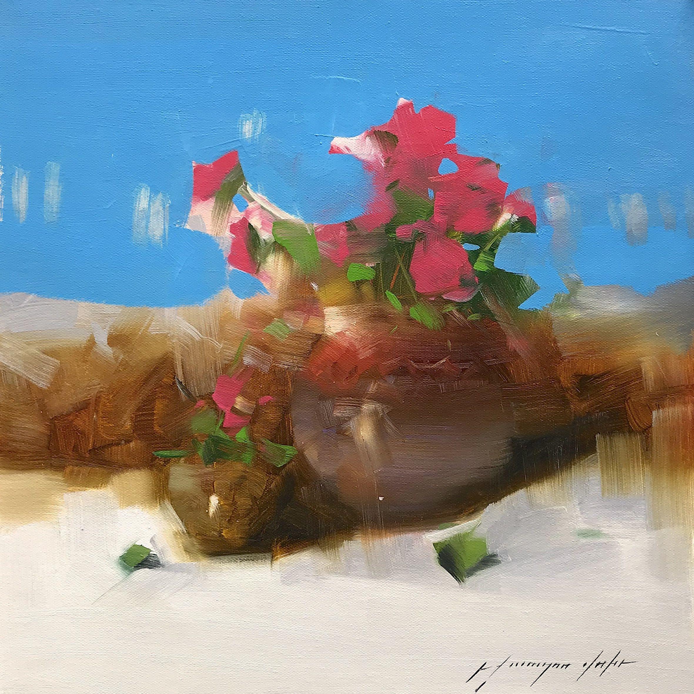 Rosa Blumen, Gemälde, Öl auf Leinwand