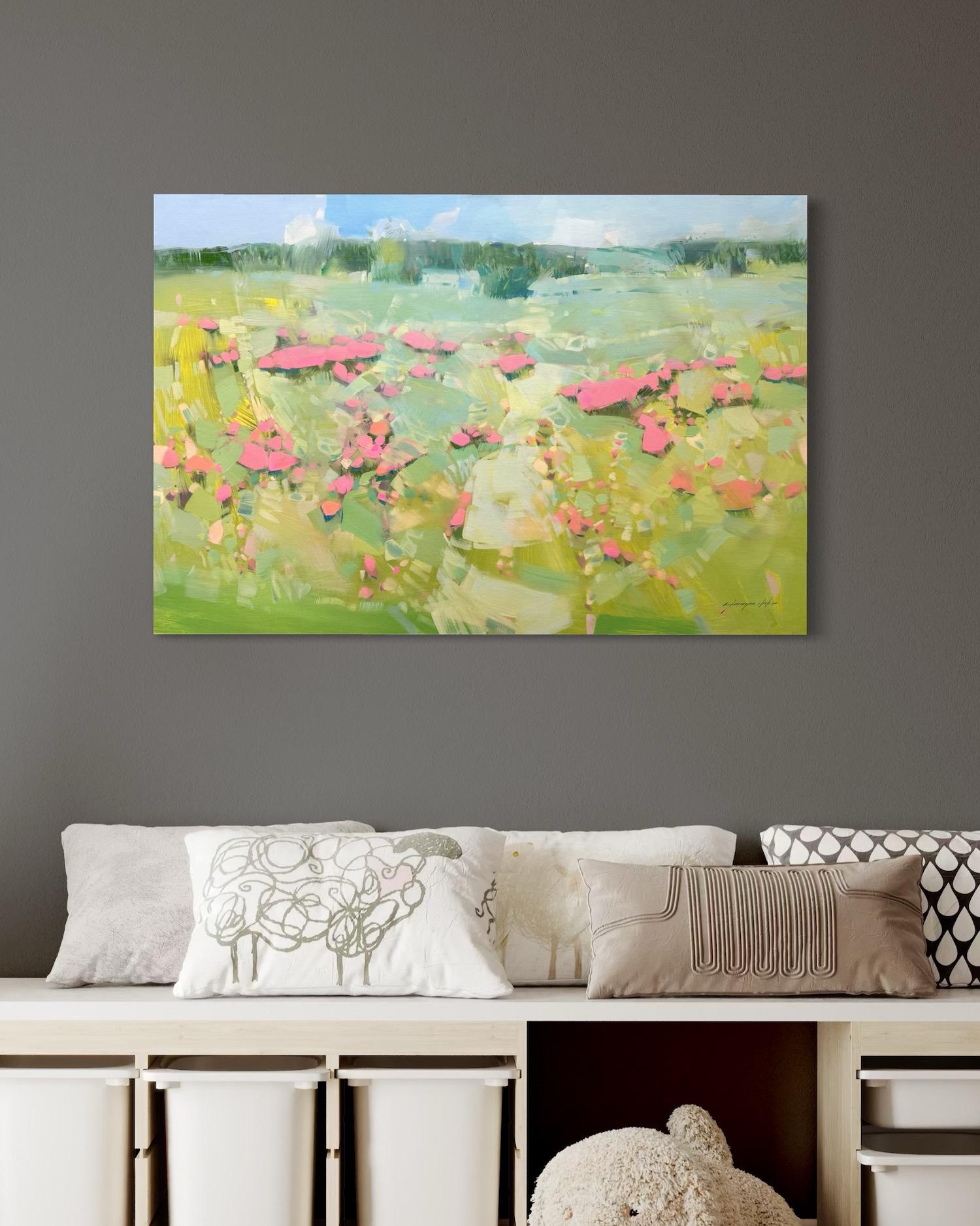 Pink Meadow Impressionism Original oil Painting, Ready to Hang - Beige Landscape Painting by Vahe Yeremyan