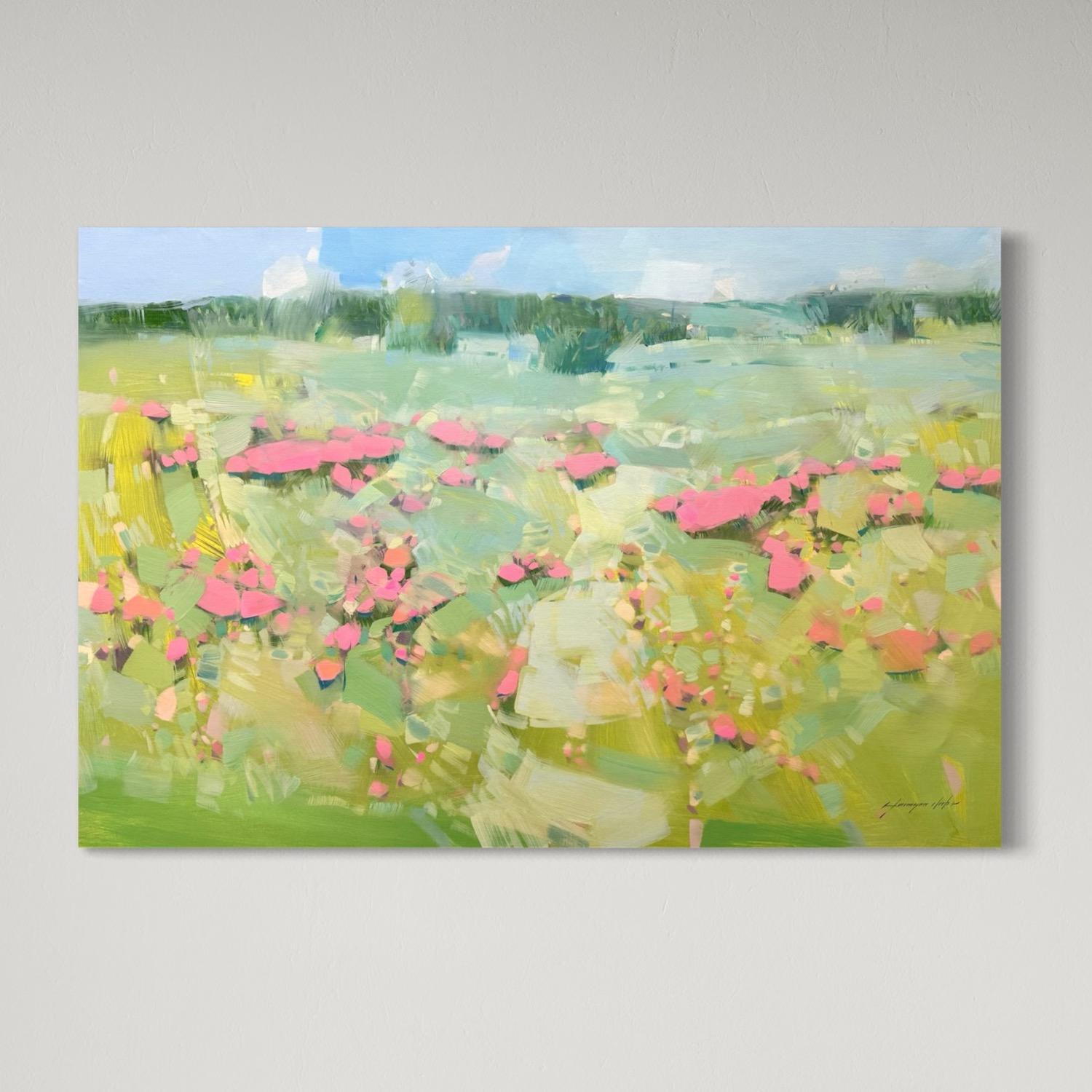 Pink Meadow Impressionism Original oil Painting, Ready to Hang For Sale 2