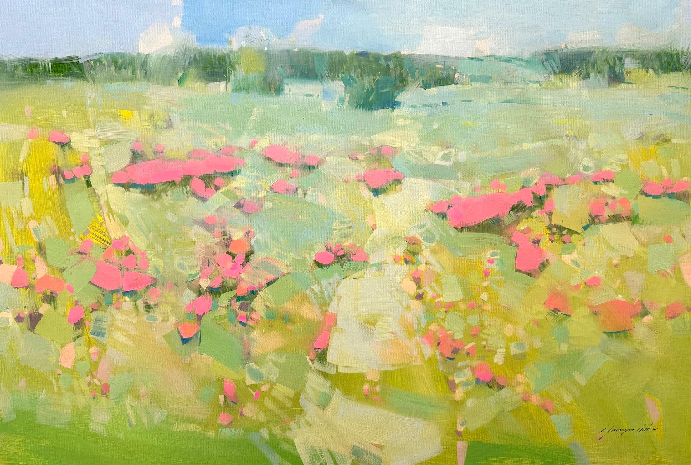 Vahe Yeremyan Landscape Painting - Pink Meadow Impressionism Original oil Painting, Ready to Hang