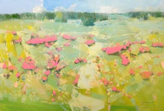 Pink Meadow Impressionism Original oil Painting, Ready to Hang