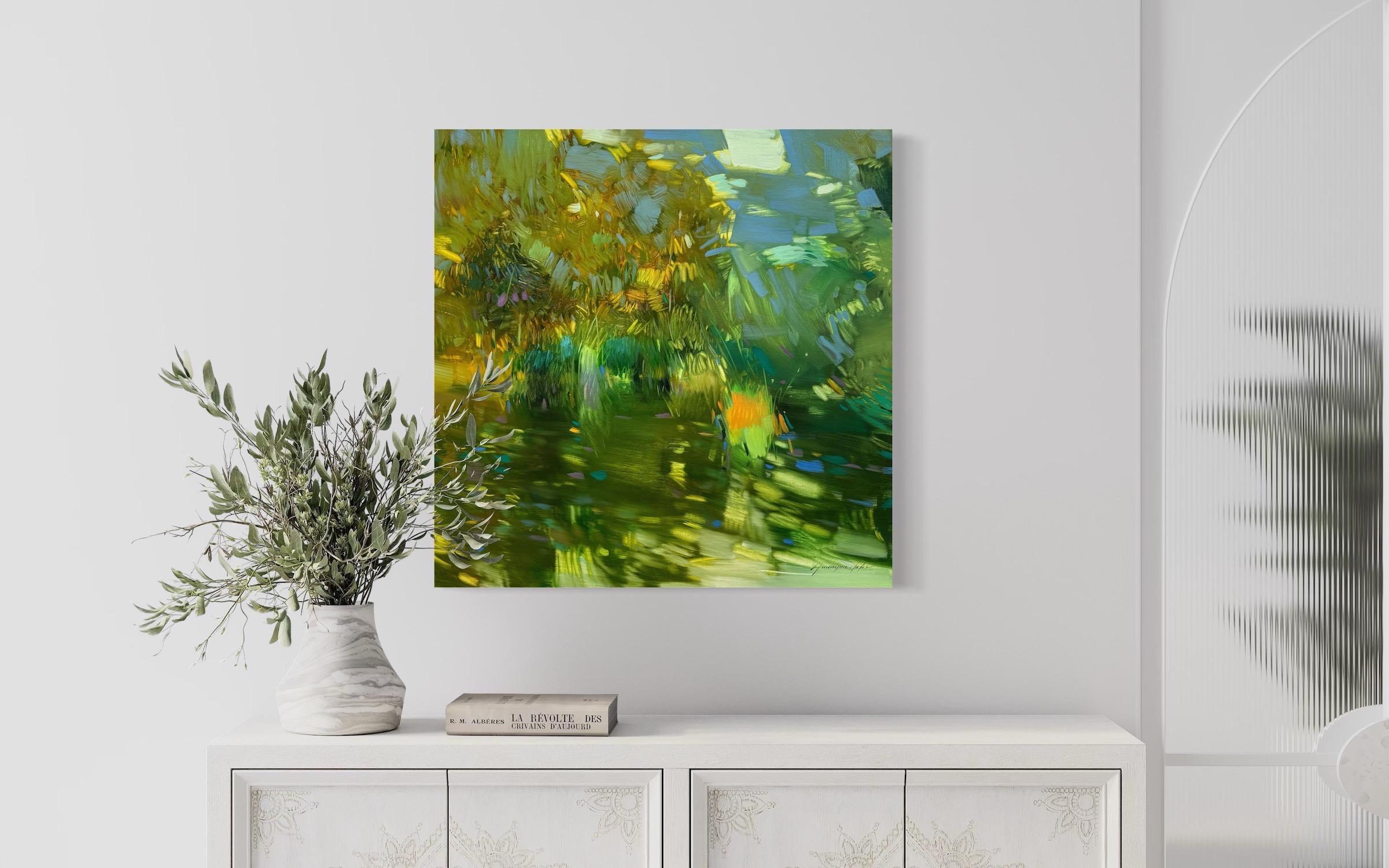 Stagno Paesaggio Impressionismo Pittura ad olio originale, pronta da appendere - Painting di Vahe Yeremyan