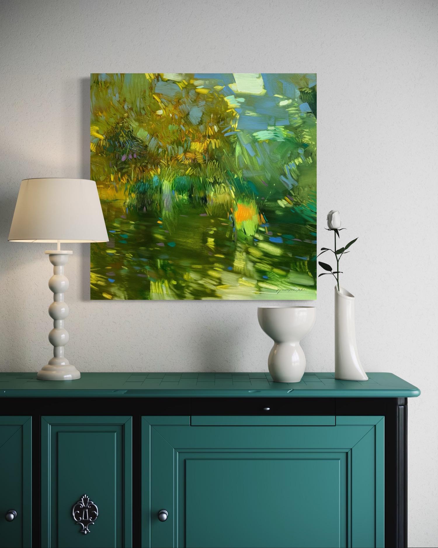 Stagno Paesaggio Impressionismo Pittura ad olio originale, pronta da appendere - Landscape Painting Verde di Vahe Yeremyan