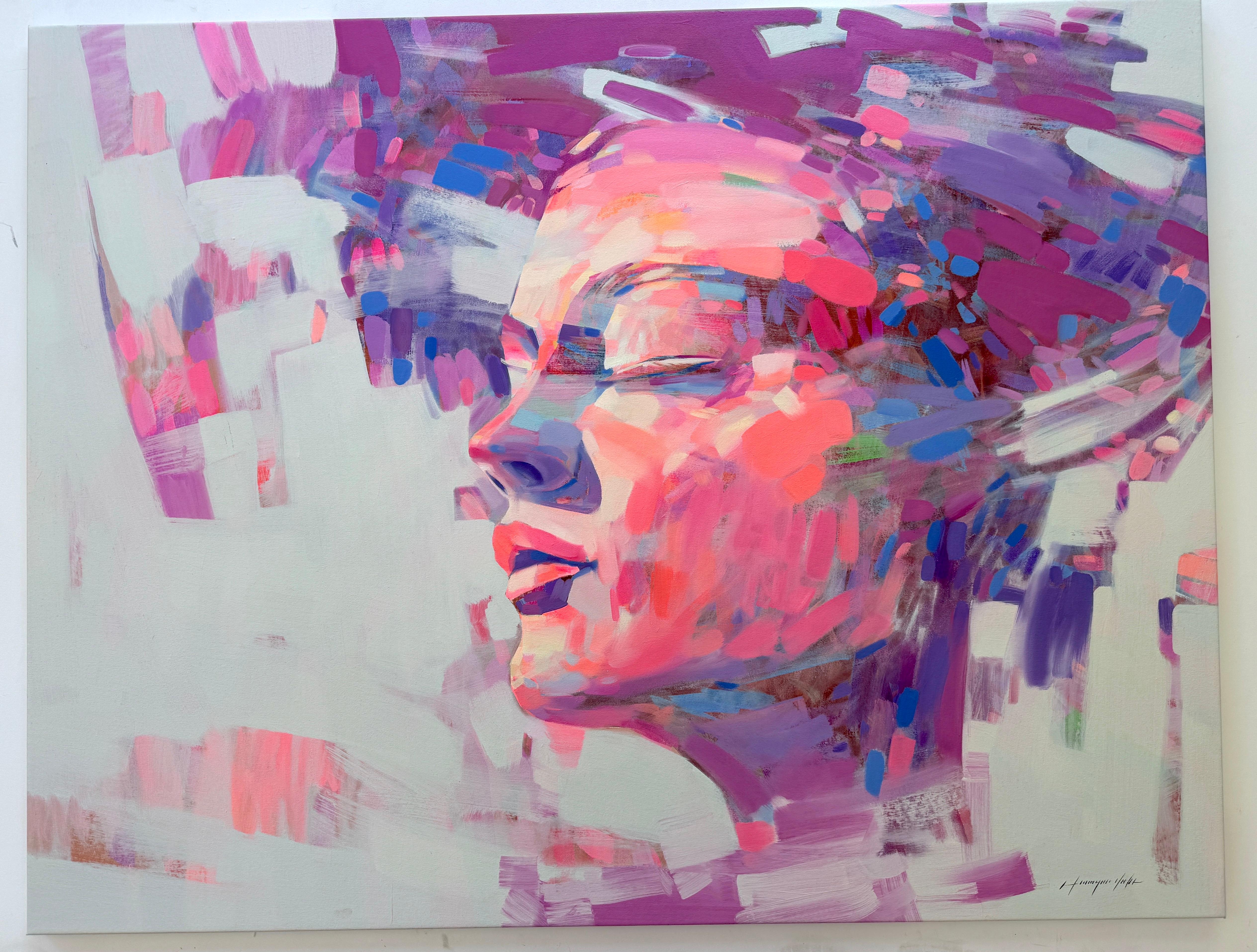 Porträt, Großformatiges Original-Ölgemälde in Öl, hängefertig (Grau), Portrait Painting, von Vahe Yeremyan