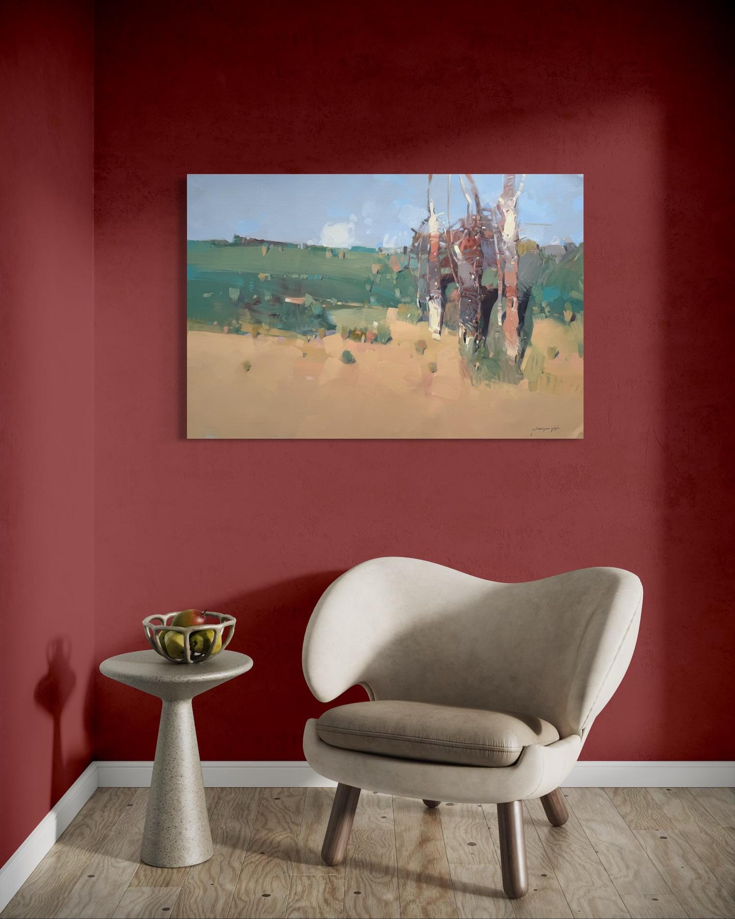 Quiet Grove Impressionismo Pittura ad olio originale, pronta da appendere - Landscape Painting Marrone di Vahe Yeremyan