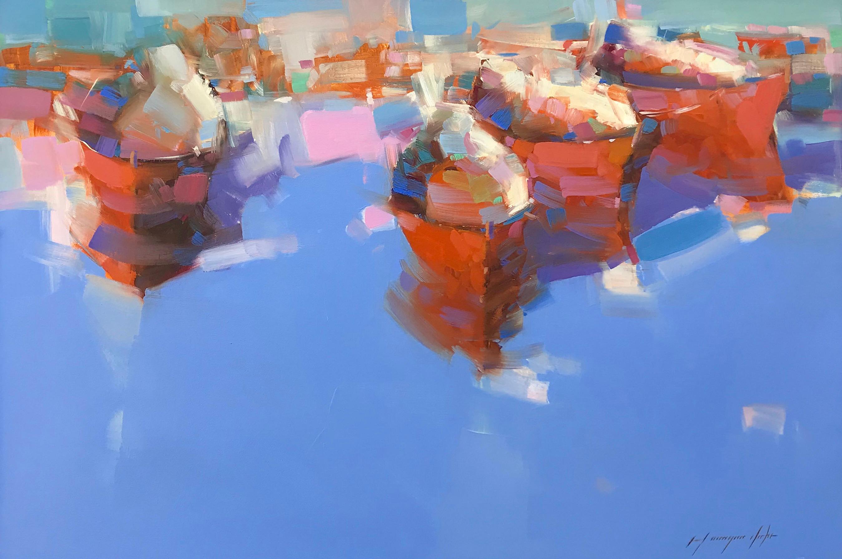 Landscape Painting de Vahe Yeremyan - Barcos rojos, Impresionismo, Pintura al óleo original, Obra de arte hecha a mano