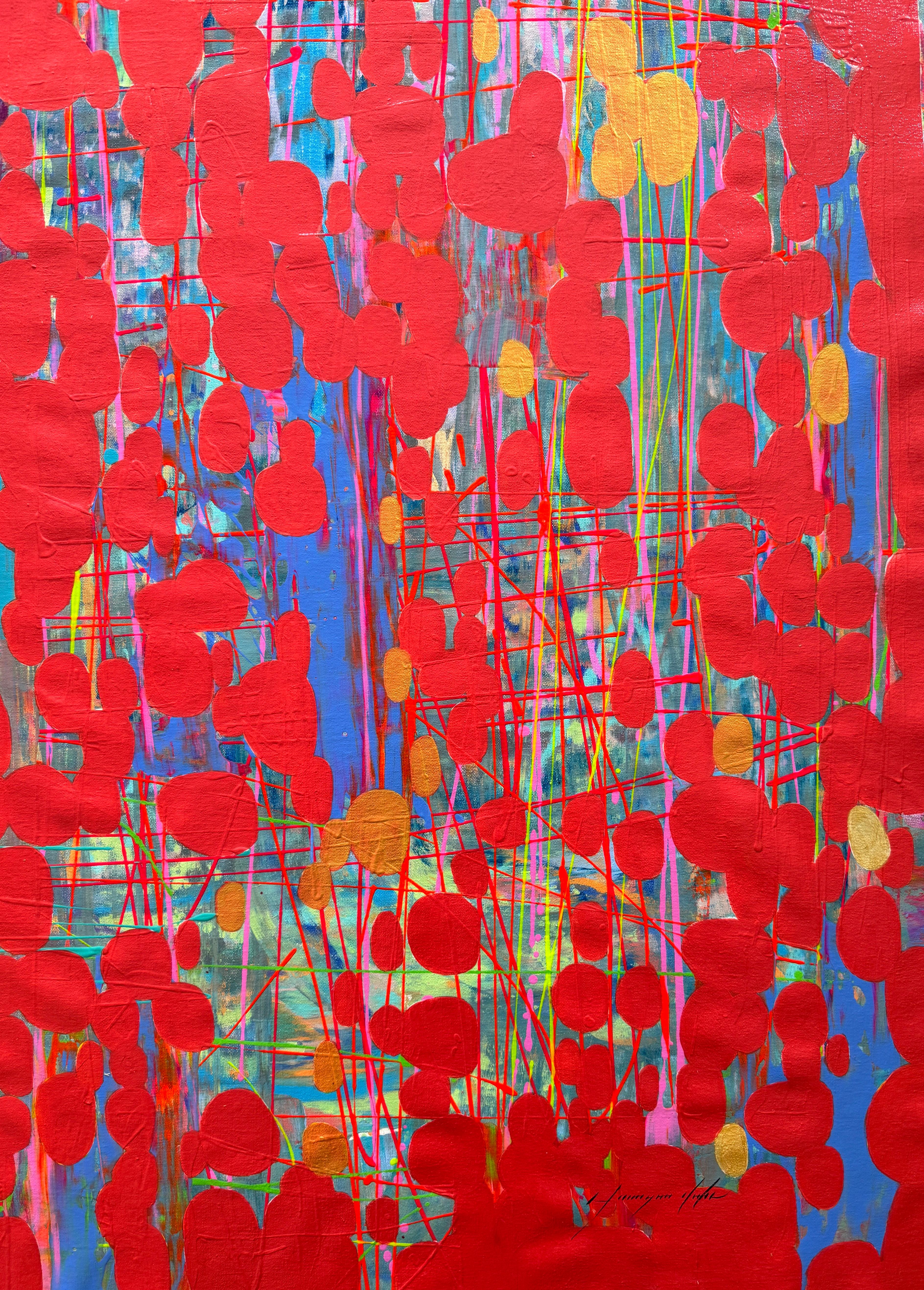Roter Schirm, abstraktes Originalgemälde, hängefertig, hängefertig – Painting von Vahe Yeremyan