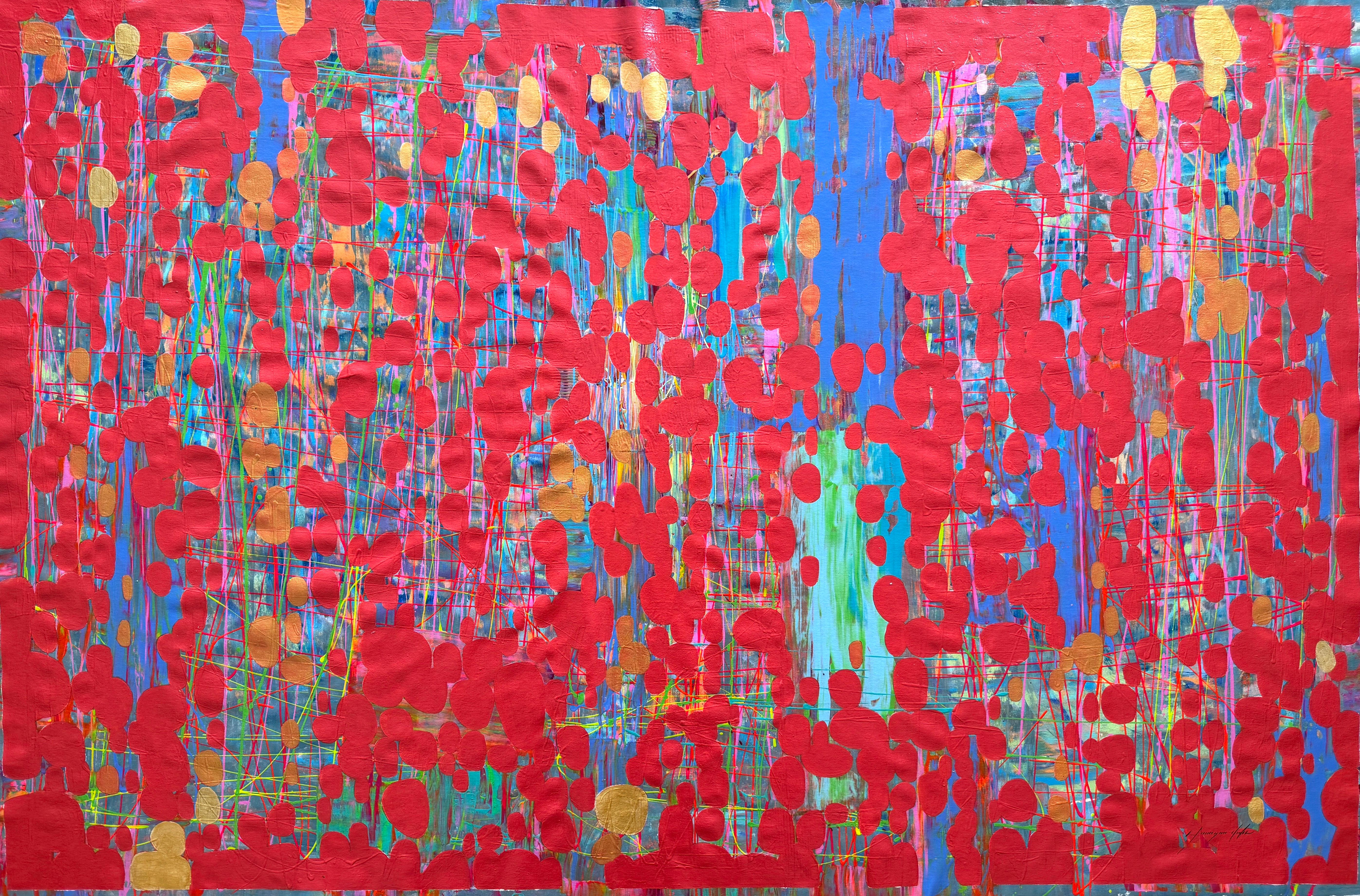 Vahe Yeremyan Abstract Painting – Roter Schirm, abstraktes Originalgemälde, hängefertig, hängefertig