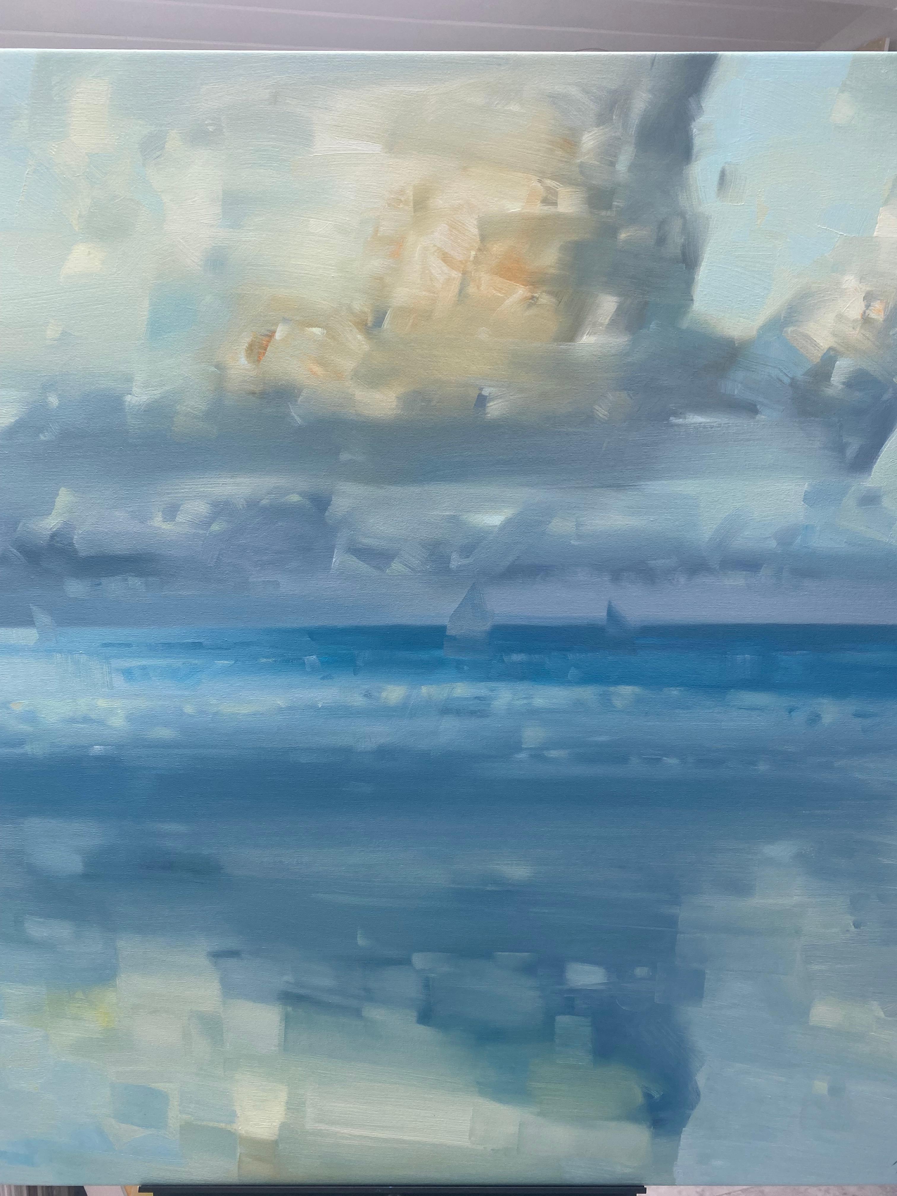 Riflesso, Paesaggio marino, Pittura a olio originale, fatta a mano, pronta da appendere - Landscape Painting Blu di Vahe Yeremyan