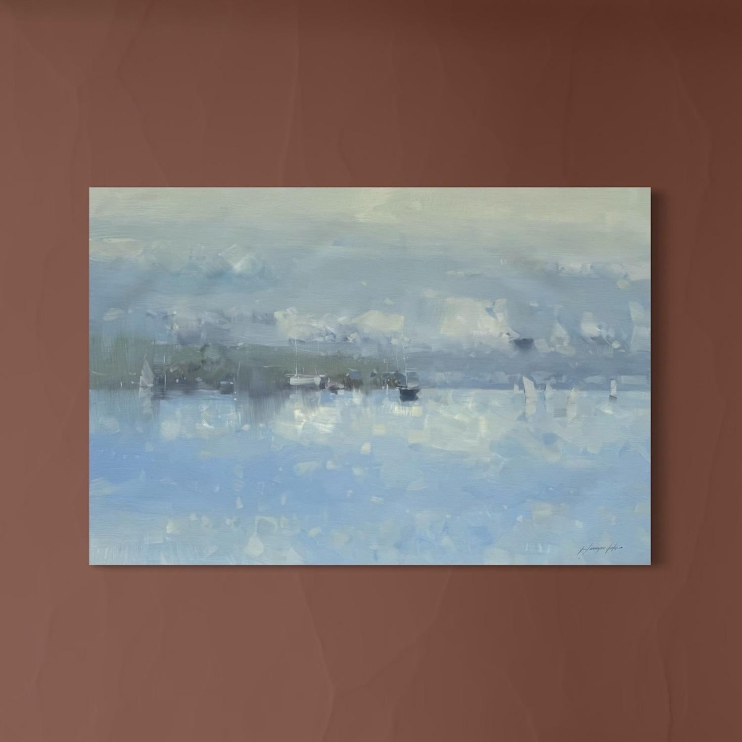 Reflections Coastal Impressionism Original Ölgemälde, hängefertig (Grau), Landscape Painting, von Vahe Yeremyan